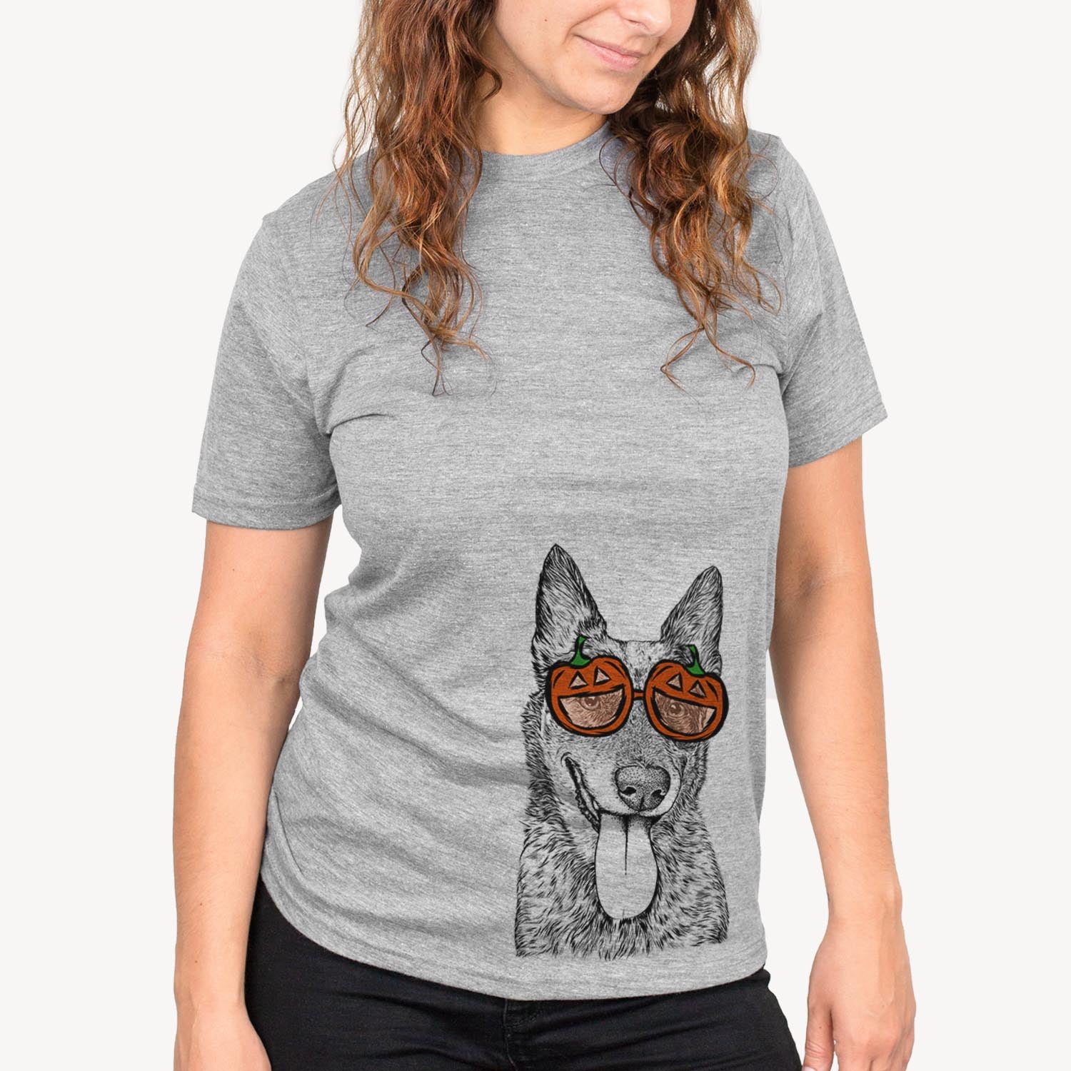 Hand-drawn sketch of Madison the Blue Heeler wearing pumpkin glasses on a Grey pumpkin collection, on a hanger