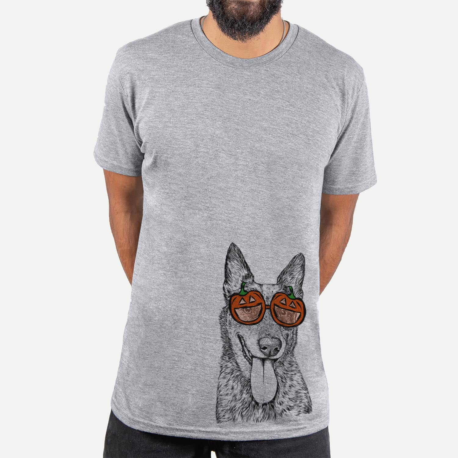 Hand-drawn sketch of Madison the Blue Heeler wearing pumpkin glasses on a Grey pumpkin collection, hanging on a wall