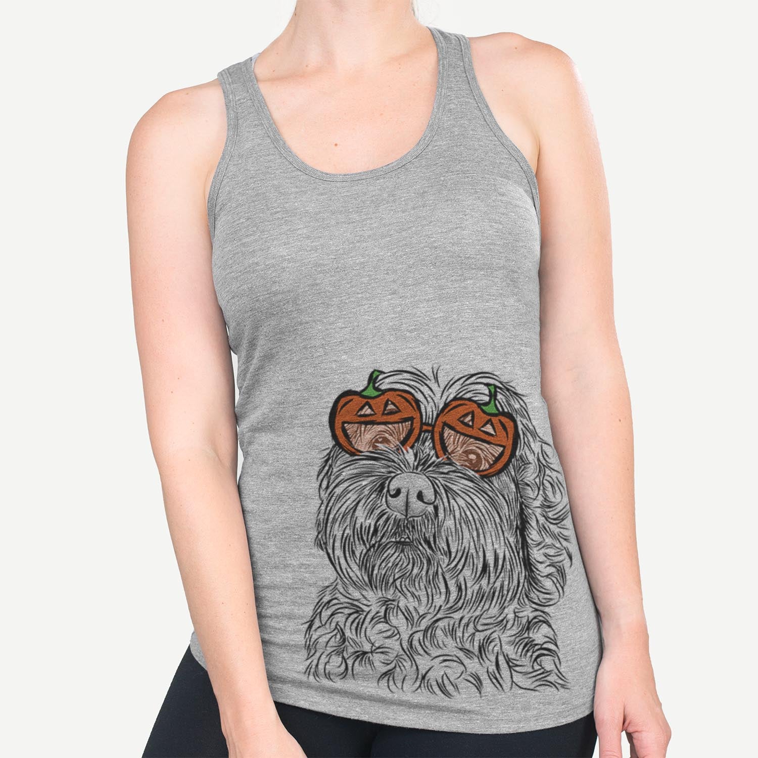Hand-drawn sketch of Maggie Girl the Cockapoo wearing pumpkin glasses on a Grey pumpkin collection