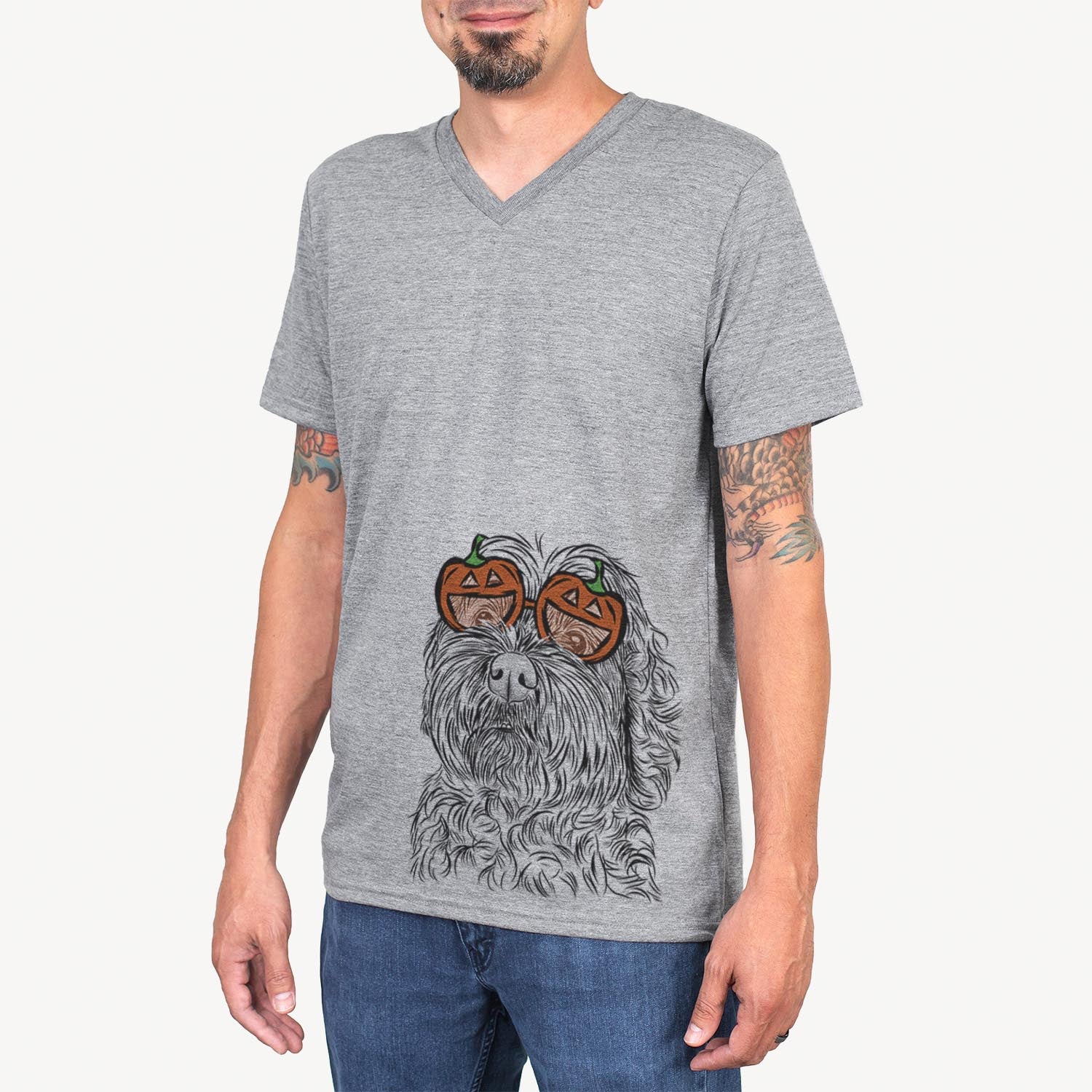 Hand-drawn sketch of Maggie Girl the Cockapoo wearing pumpkin glasses on a Grey pumpkin collection