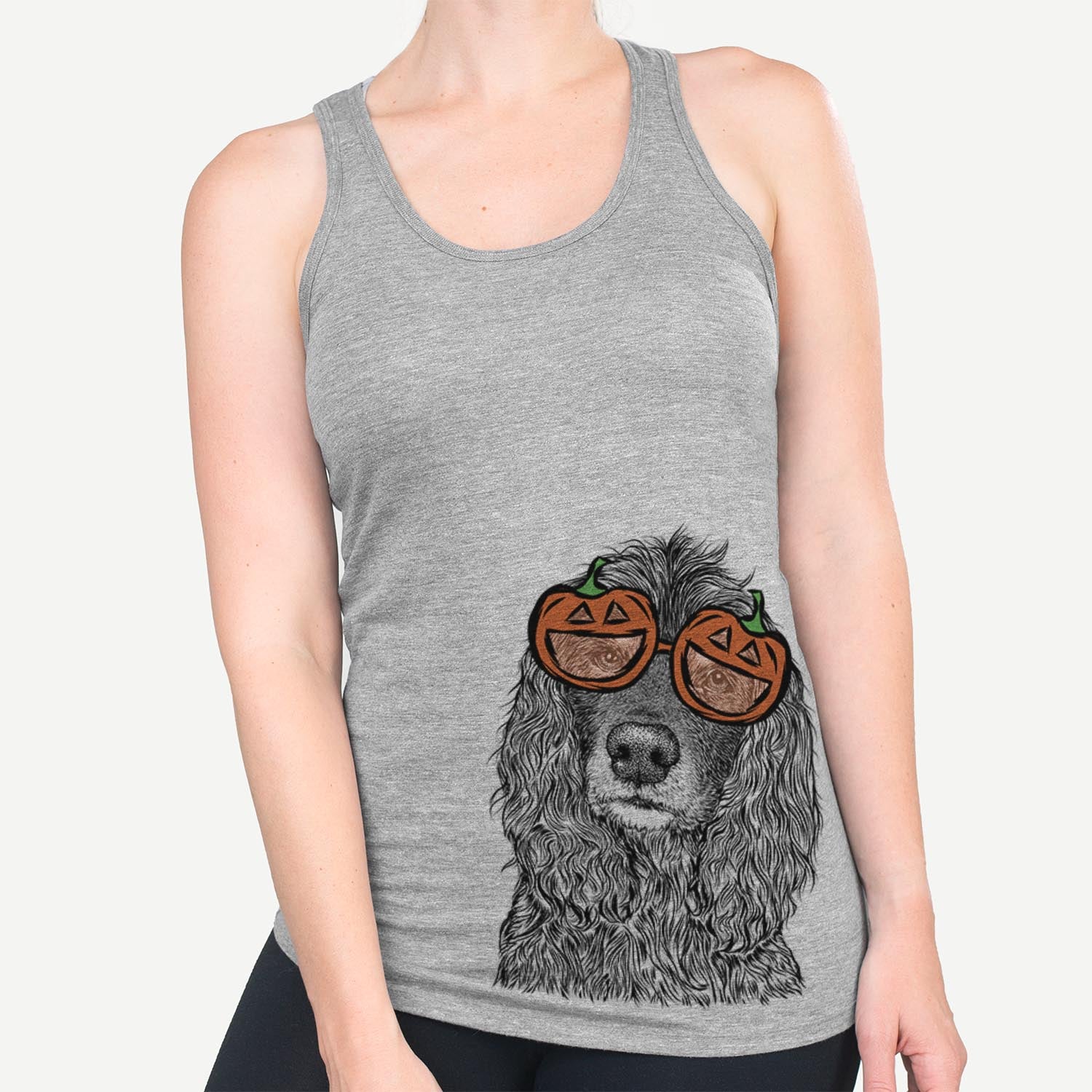 Hand-drawn sketch of Marley Boy the American Cocker Spaniel wearing pumpkin glasses on a Grey pumpkin collection