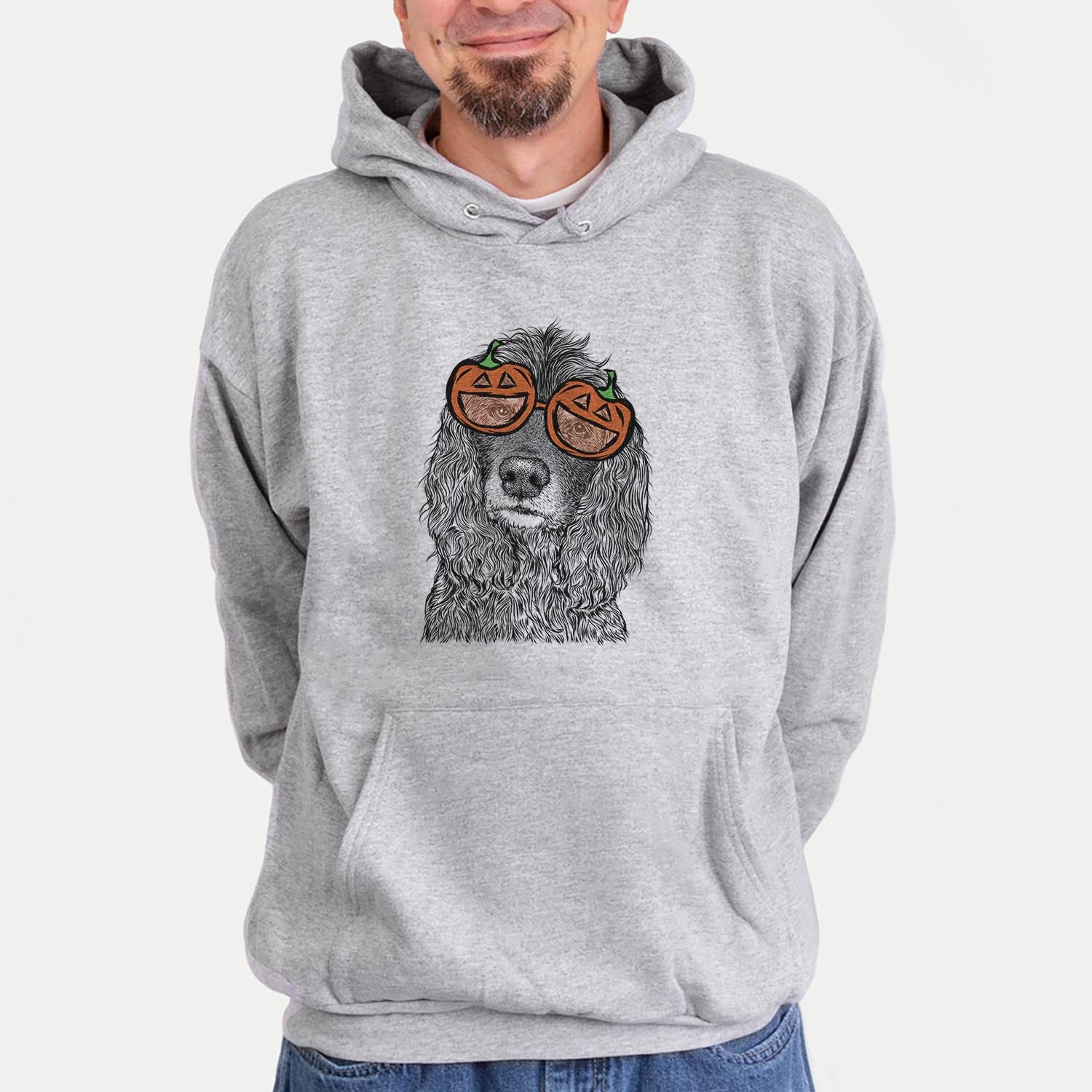 Hand-drawn sketch of Marley Boy the American Cocker Spaniel wearing pumpkin glasses on a Grey pumpkin collection, hanging on a wall