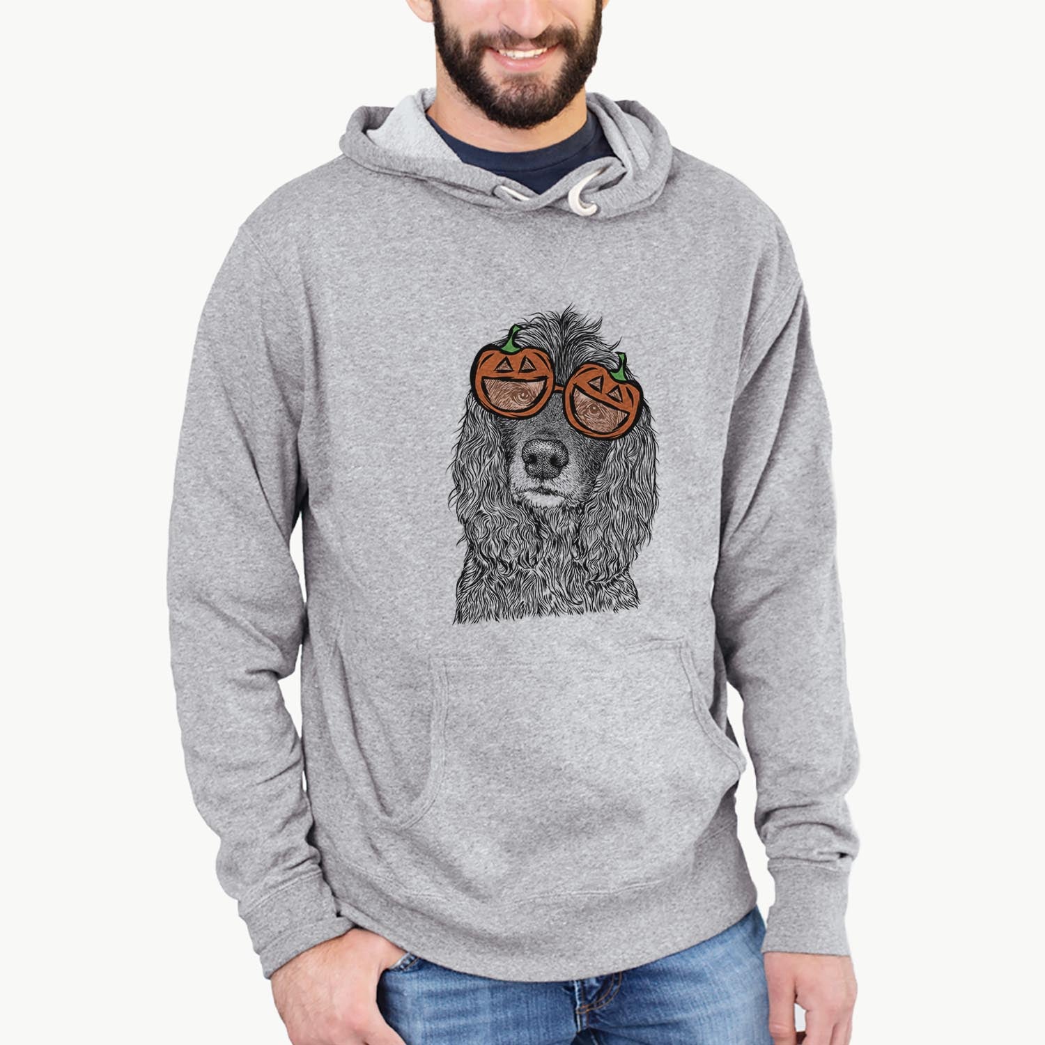 Hand-drawn sketch of Marley Boy the American Cocker Spaniel wearing pumpkin glasses on a Grey pumpkin collection