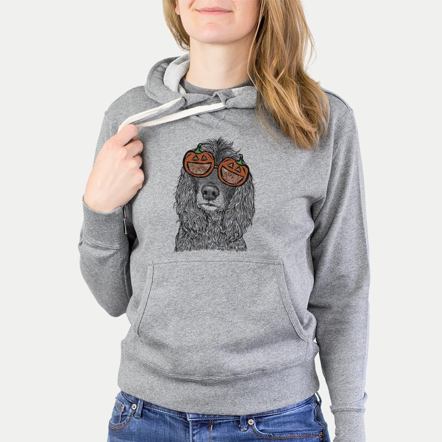 Hand-drawn sketch of Marley Boy the American Cocker Spaniel wearing pumpkin glasses on a Grey pumpkin collection, hanging on a wall