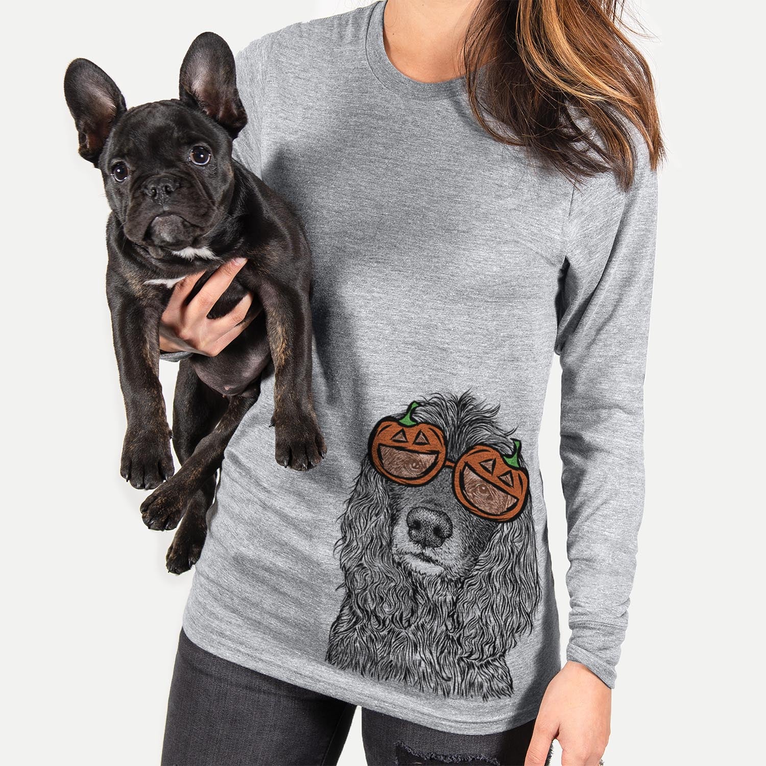 Hand-drawn sketch of Marley Boy the American Cocker Spaniel wearing pumpkin glasses on a Grey pumpkin collection