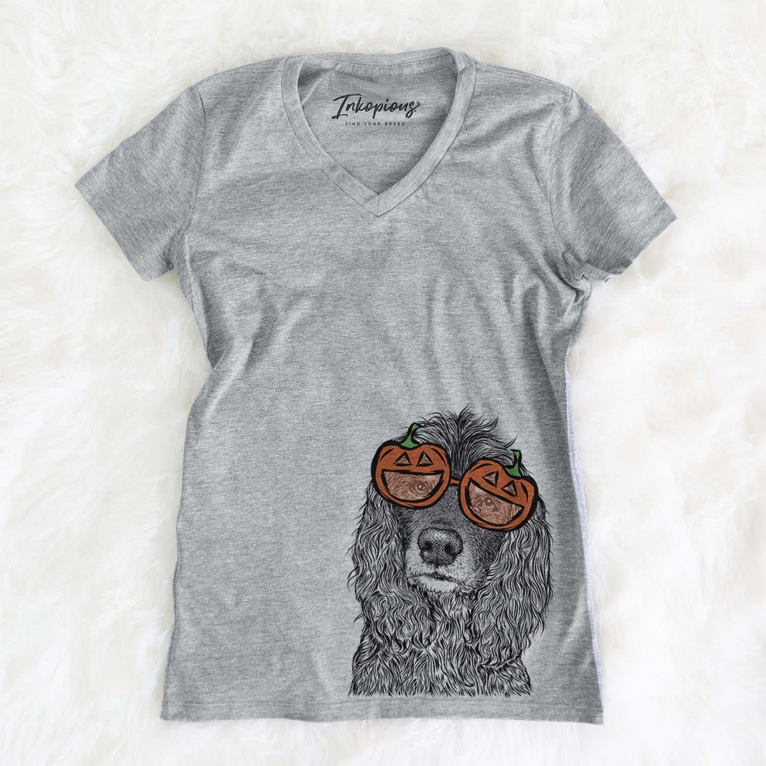 Hand-drawn sketch of Marley Boy the American Cocker Spaniel wearing pumpkin glasses on a Grey pumpkin collection, on a hanger