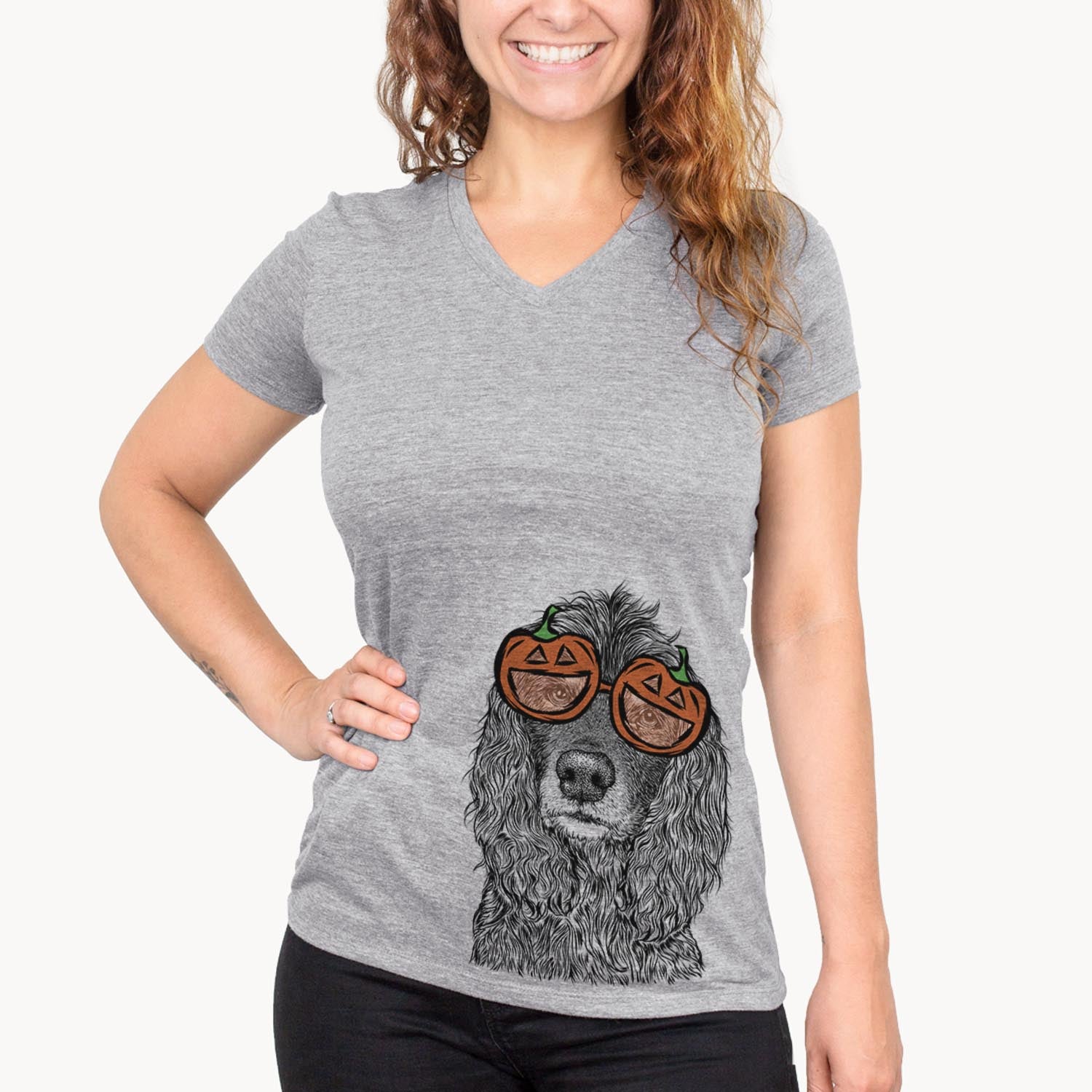 Hand-drawn sketch of Marley Boy the American Cocker Spaniel wearing pumpkin glasses on a Grey pumpkin collection