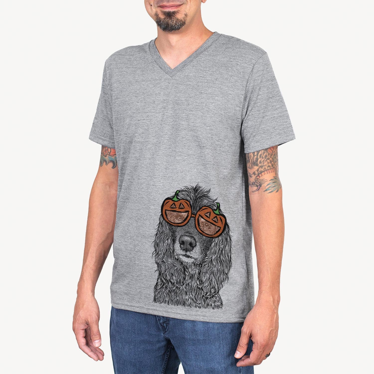 Hand-drawn sketch of Marley Boy the American Cocker Spaniel wearing pumpkin glasses on a Grey pumpkin collection