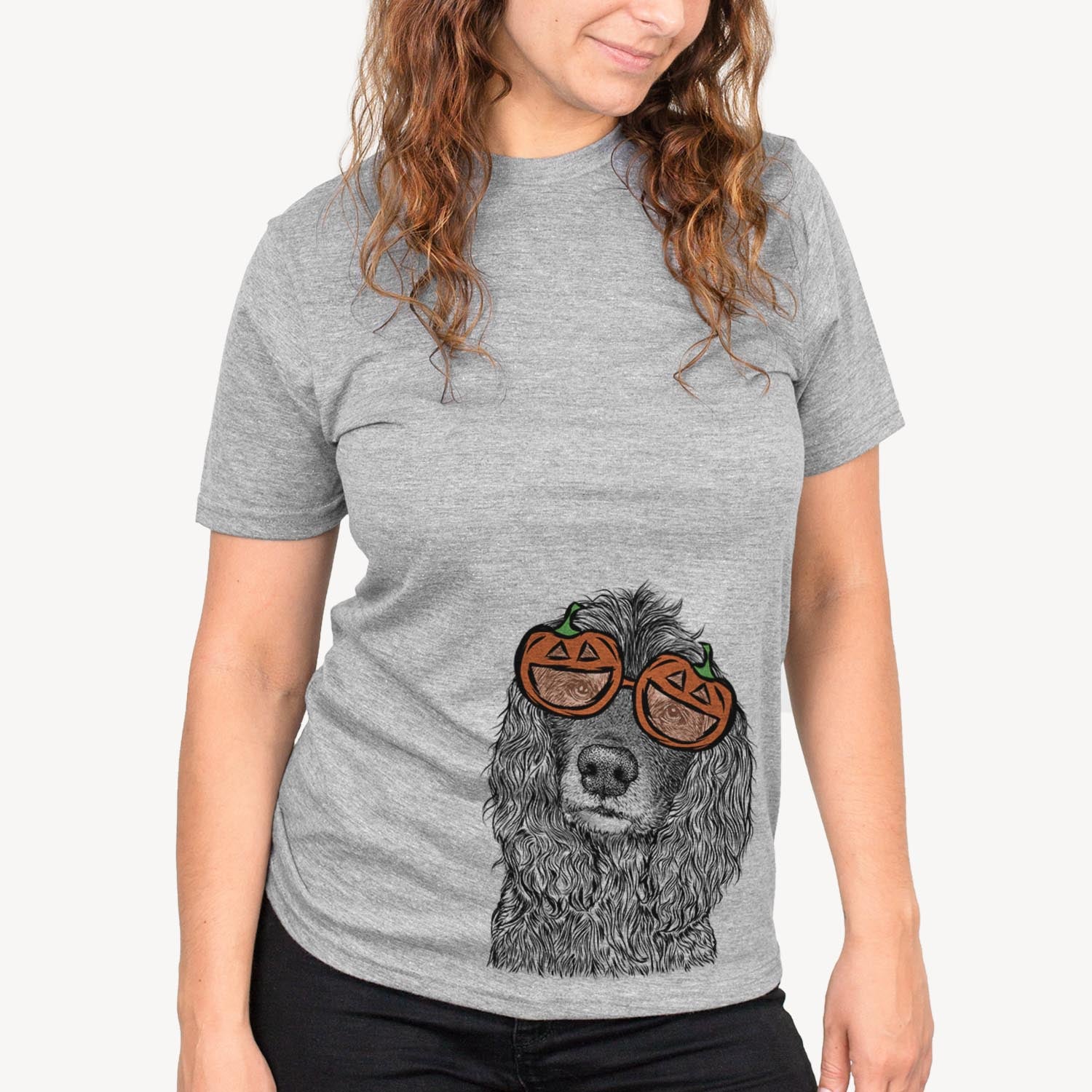 Hand-drawn sketch of Marley Boy the American Cocker Spaniel wearing pumpkin glasses on a Grey pumpkin collection, on a hanger