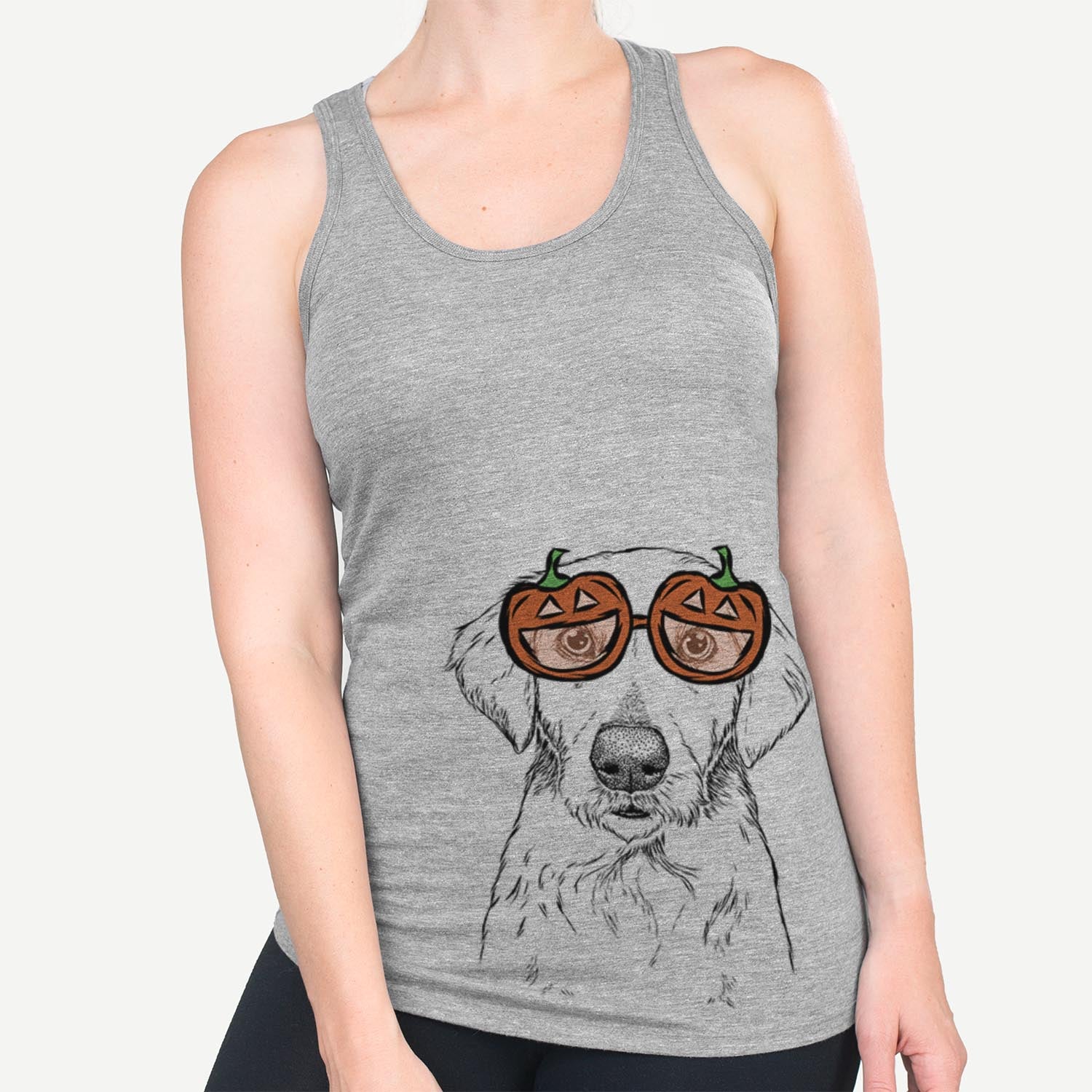 Hand-drawn sketch of Marley Sue the Labradoodle wearing pumpkin glasses on a Grey pumpkin collection