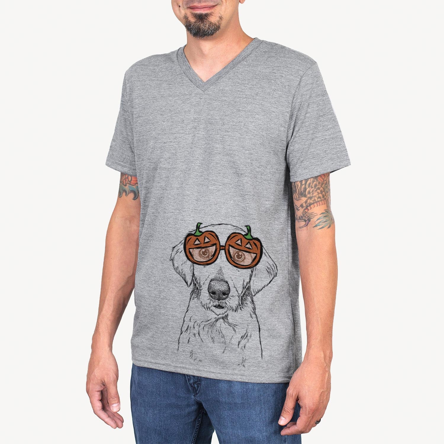 Hand-drawn sketch of Marley Sue the Labradoodle wearing pumpkin glasses on a Grey pumpkin collection