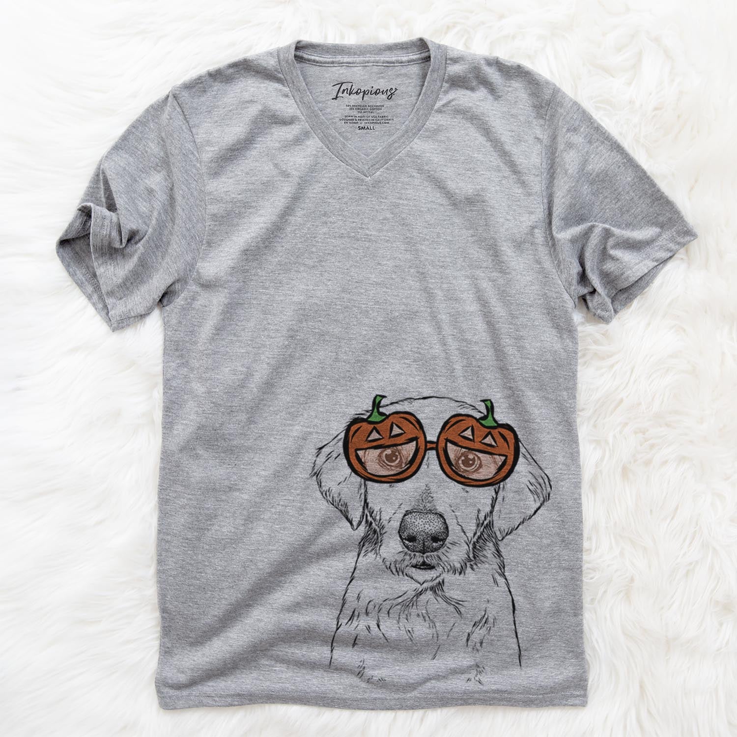 Hand-drawn sketch of Marley Sue the Labradoodle wearing pumpkin glasses on a Grey pumpkin collection