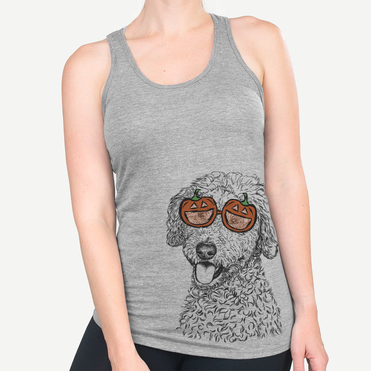 Hand-drawn sketch of Marlow the Goldendoodle wearing pumpkin glasses on a Marlow Doodle pumpkin collection