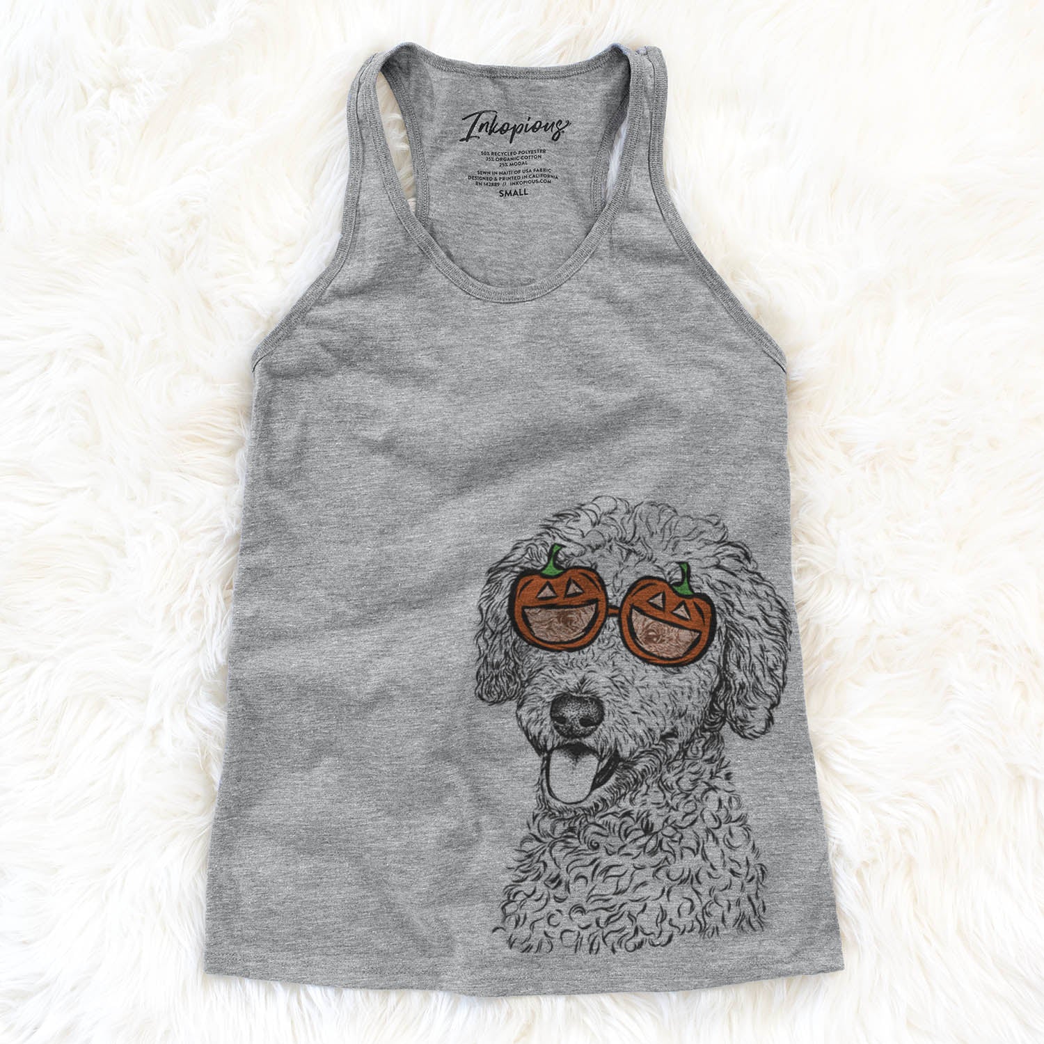 Hand-drawn sketch of Marlow the Goldendoodle wearing pumpkin glasses on a Marlow Doodle pumpkin collection