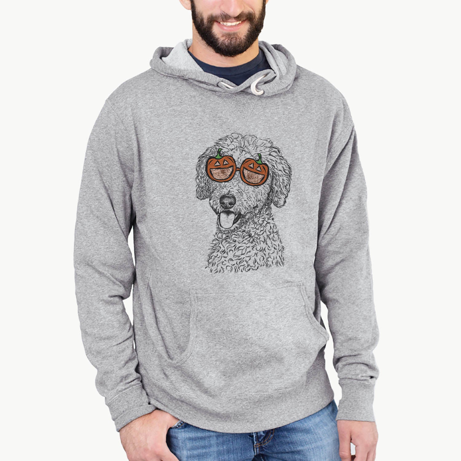Hand-drawn sketch of Marlow the Goldendoodle wearing pumpkin glasses on a Marlow Doodle pumpkin collection
