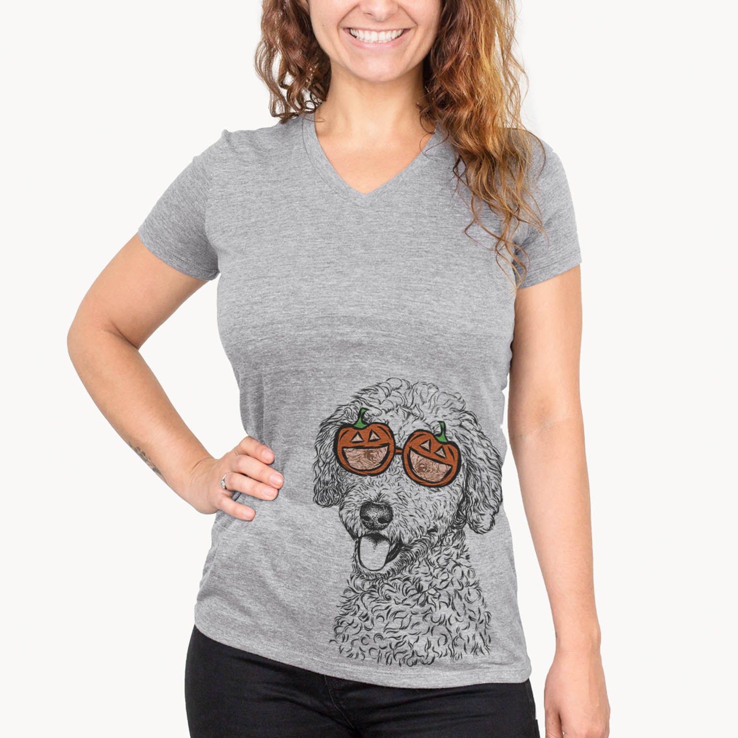 Hand-drawn sketch of Marlow the Goldendoodle wearing pumpkin glasses on a Marlow Doodle pumpkin collection