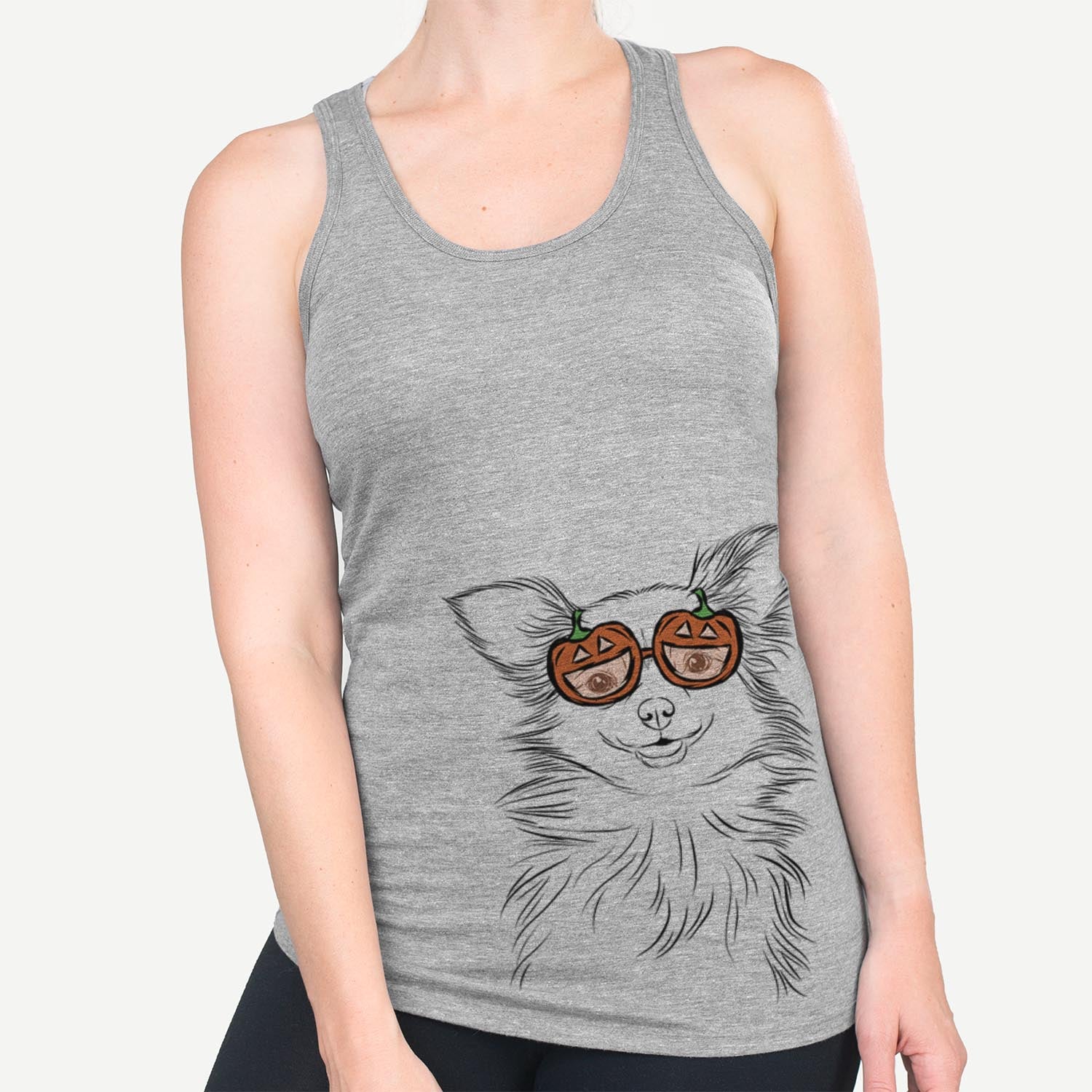 Hand-drawn sketch of Marzi the Long Haired Chihuahua wearing pumpkin glasses on a Grey pumpkin collection