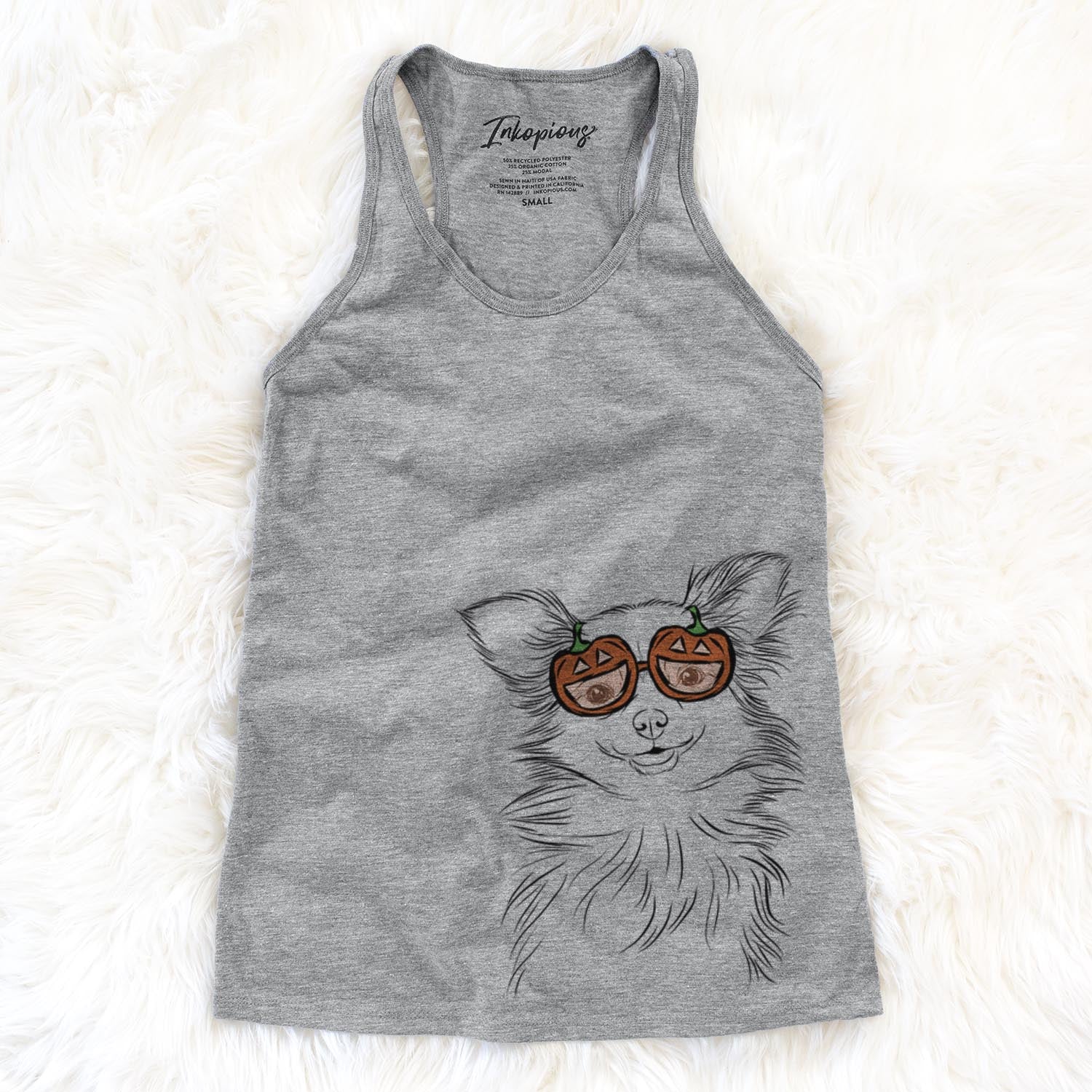 Hand-drawn sketch of Marzi the Long Haired Chihuahua wearing pumpkin glasses on a Grey pumpkin collection