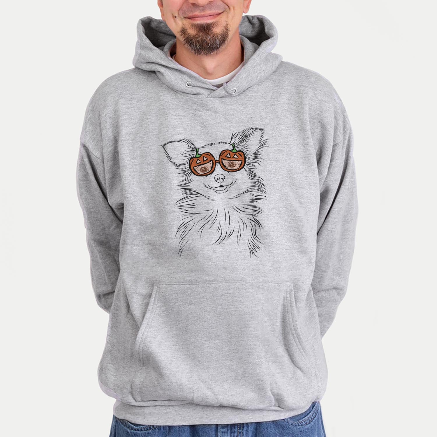 Hand-drawn sketch of Marzi the Long Haired Chihuahua wearing pumpkin glasses on a Grey pumpkin collection, hanging on a wall