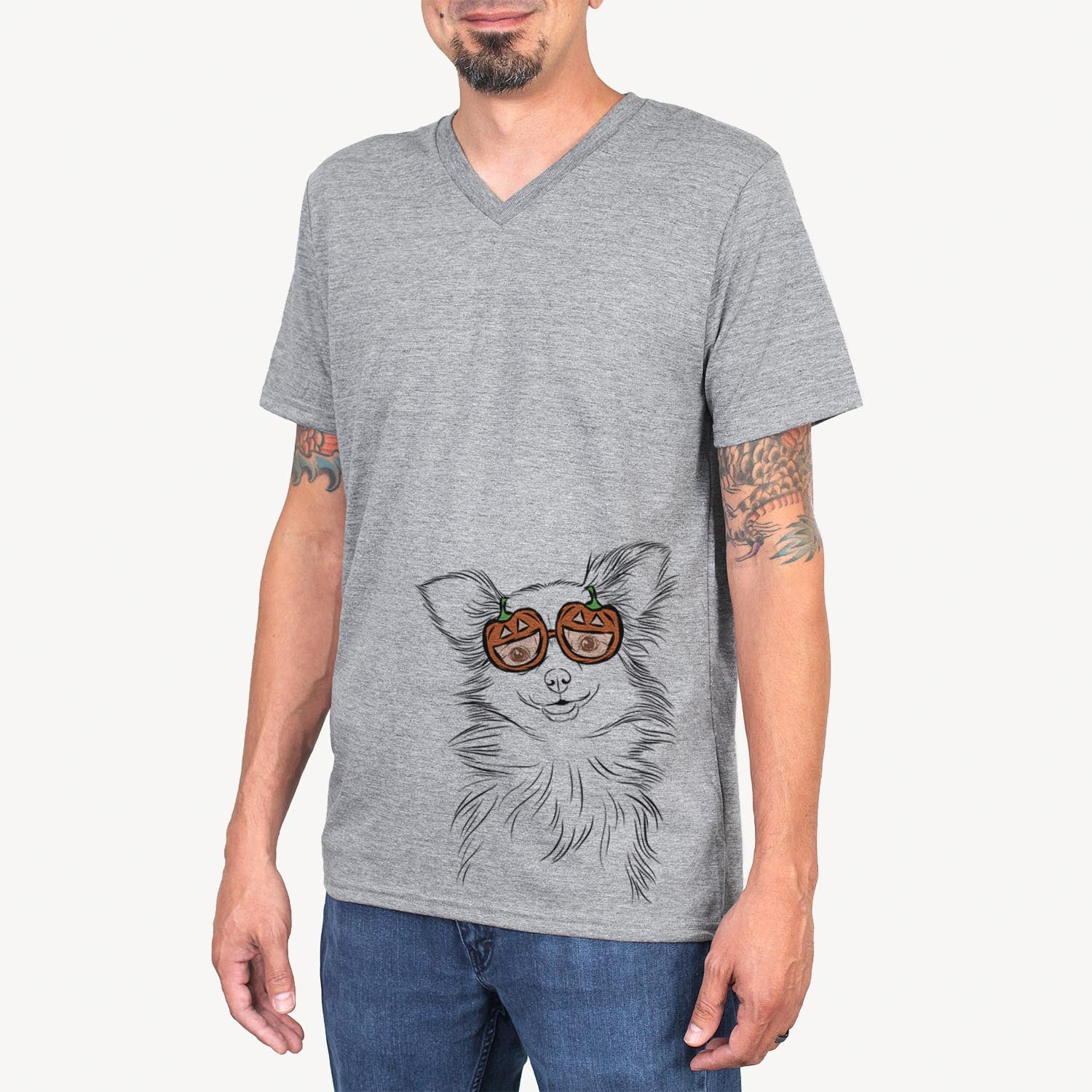 Hand-drawn sketch of Marzi the Long Haired Chihuahua wearing pumpkin glasses on a Grey pumpkin collection