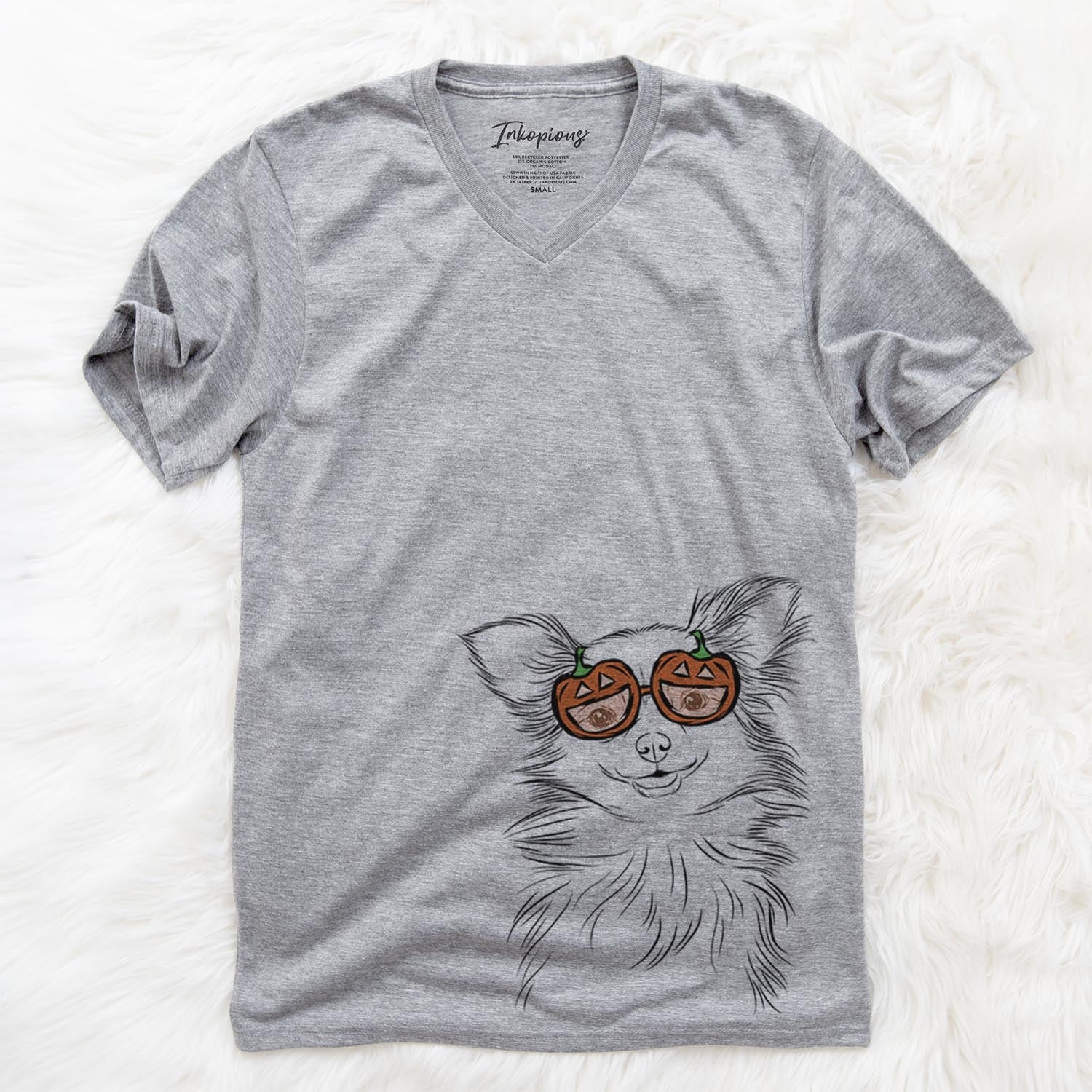 Hand-drawn sketch of Marzi the Long Haired Chihuahua wearing pumpkin glasses on a Grey pumpkin collection