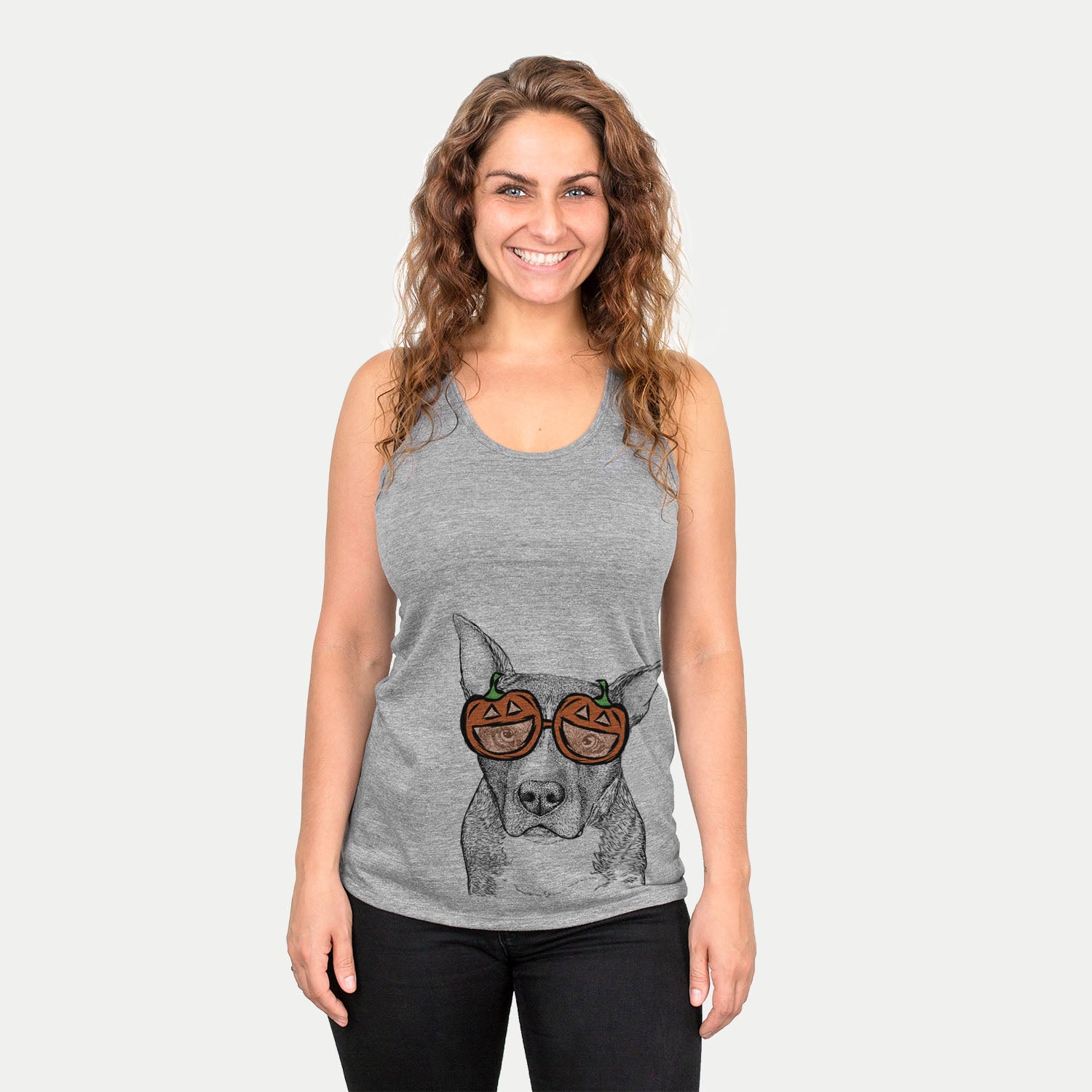 Hand-drawn sketch of Mercy the Pitbull wearing pumpkin glasses on a Grey pumpkin collection