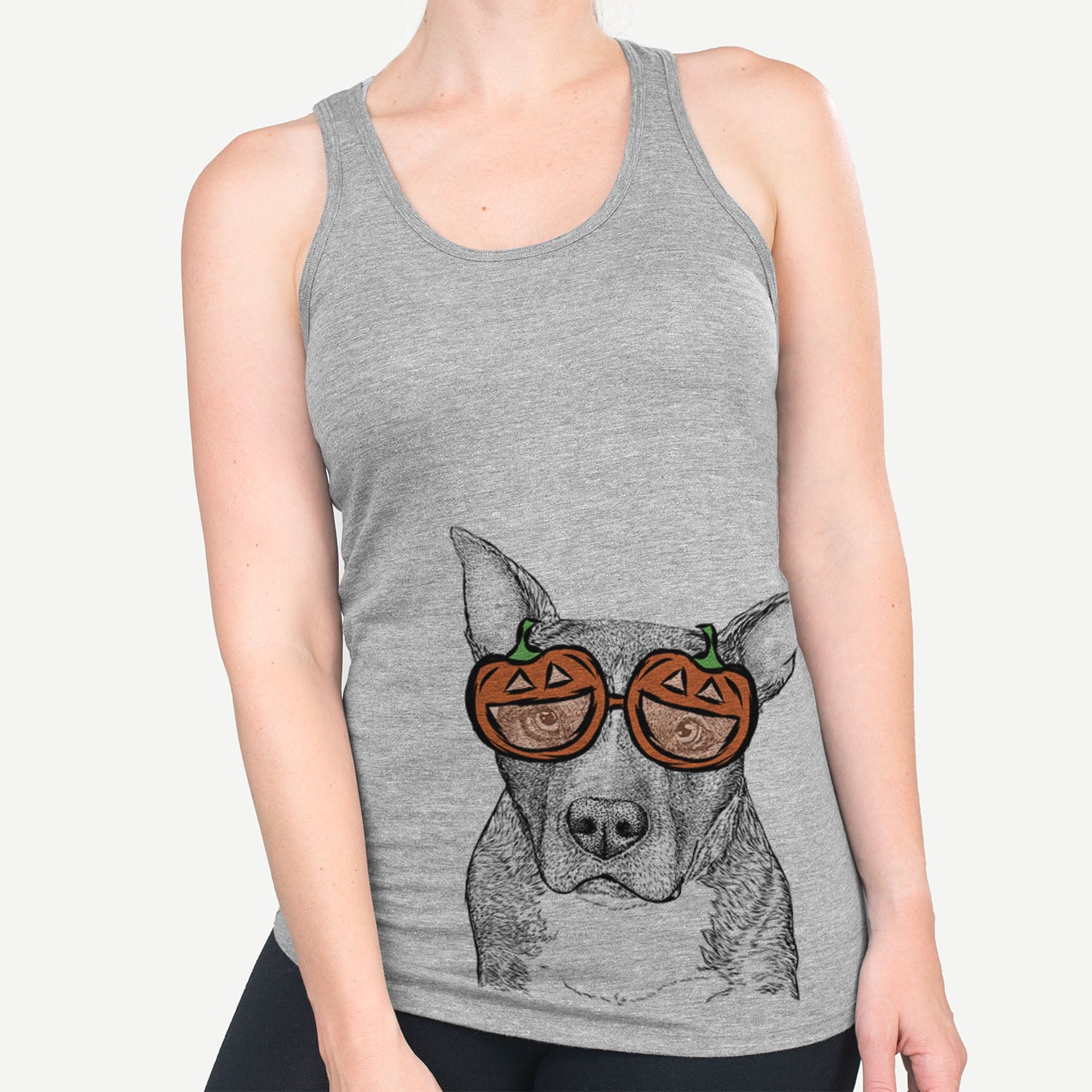 Hand-drawn sketch of Mercy the Pitbull wearing pumpkin glasses on a Grey pumpkin collection