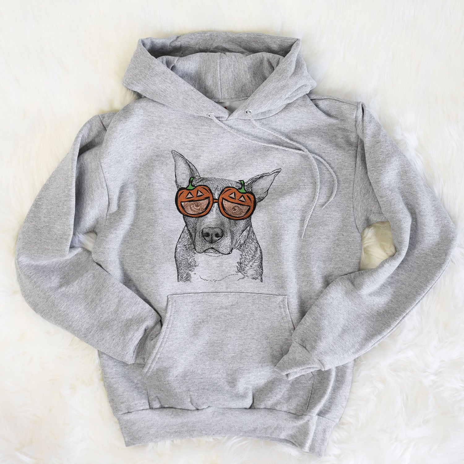 Hand-drawn sketch of Mercy the Pitbull wearing pumpkin glasses on a Grey pumpkin collection, flat lay
