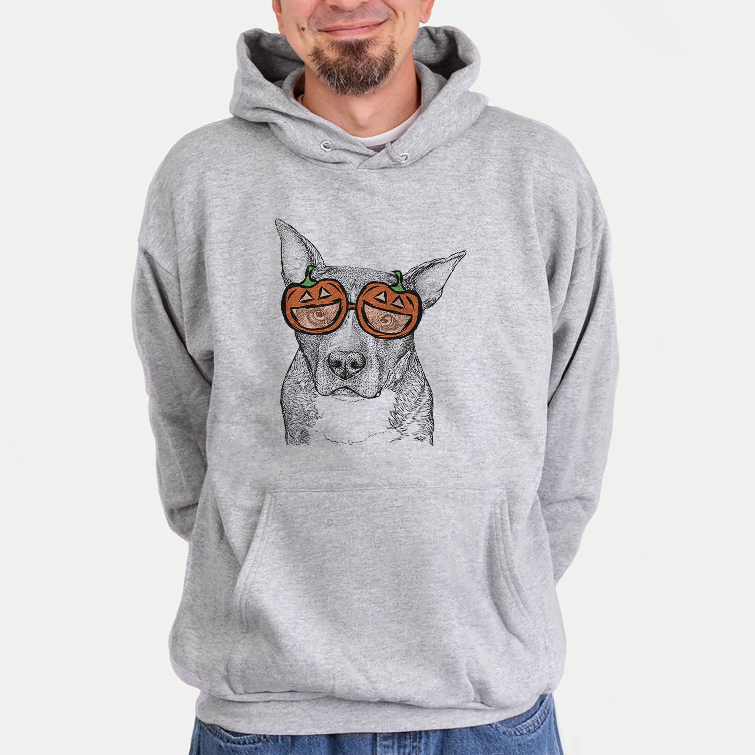 Hand-drawn sketch of Mercy the Pitbull wearing pumpkin glasses on a Grey pumpkin collection, hanging on a wall