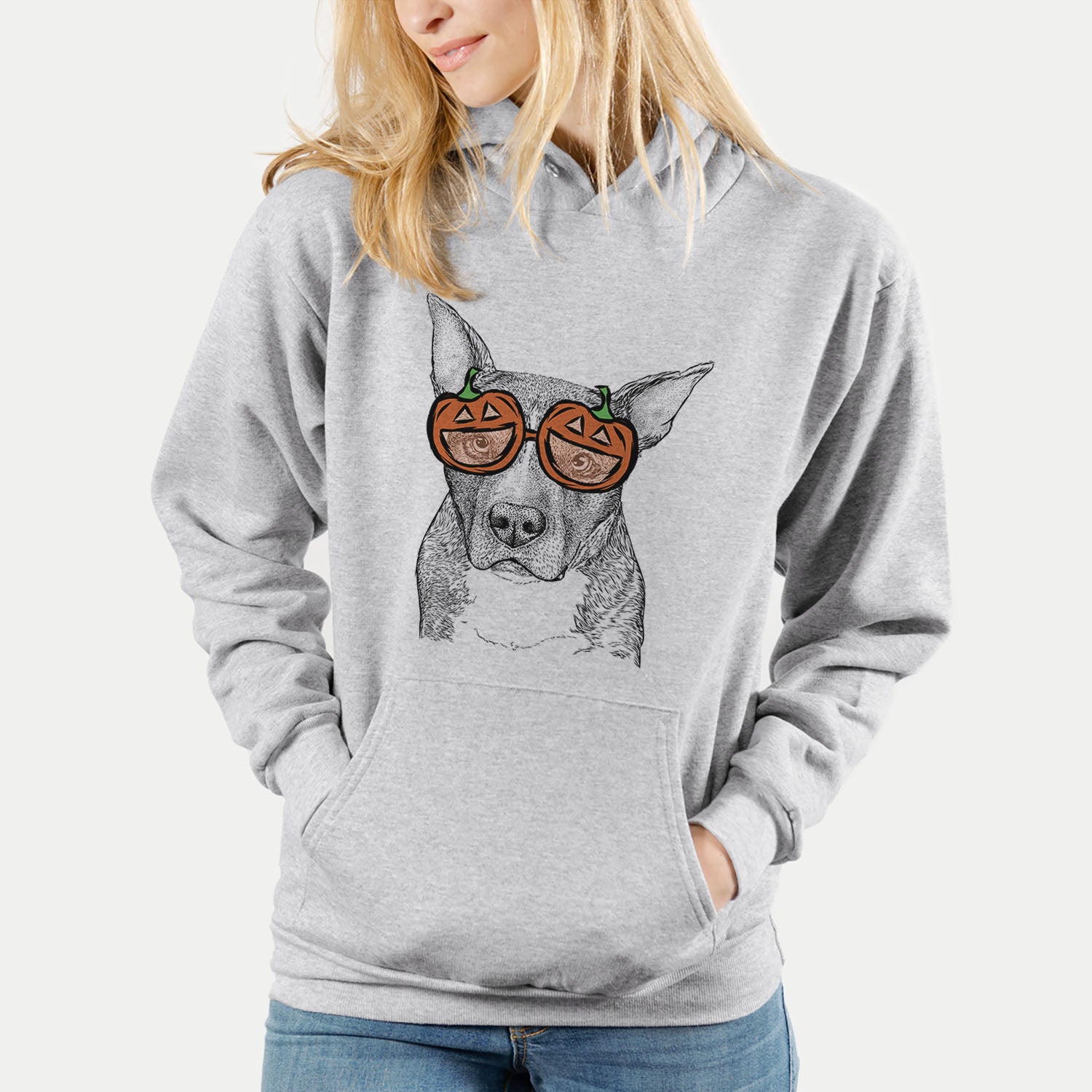 Hand-drawn sketch of Mercy the Pitbull wearing pumpkin glasses on a Grey pumpkin collection