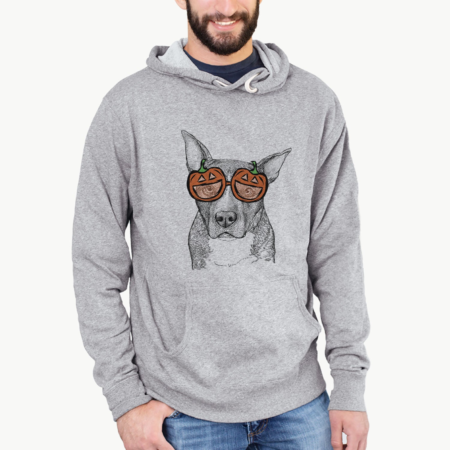 Hand-drawn sketch of Mercy the Pitbull wearing pumpkin glasses on a Grey pumpkin collection