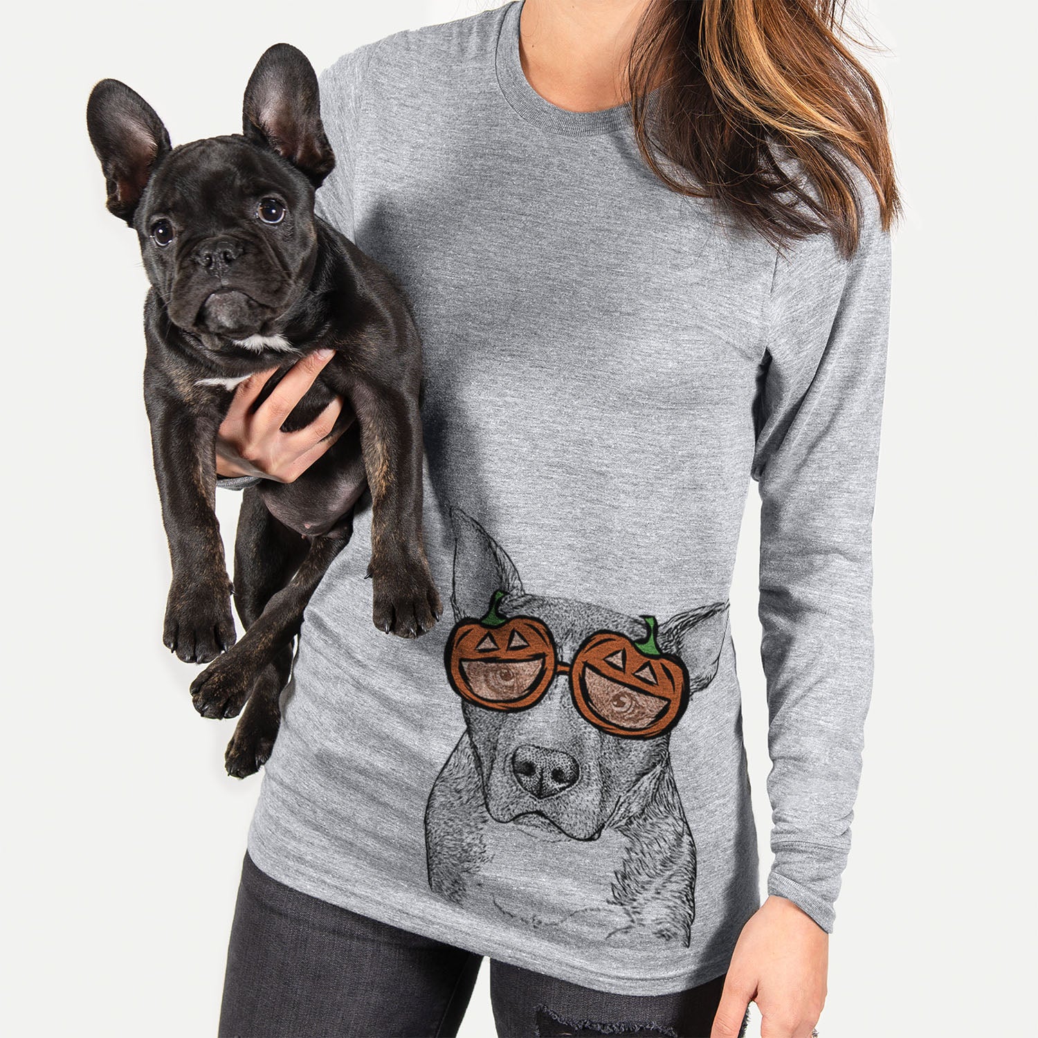Hand-drawn sketch of Mercy the Pitbull wearing pumpkin glasses on a Grey pumpkin collection