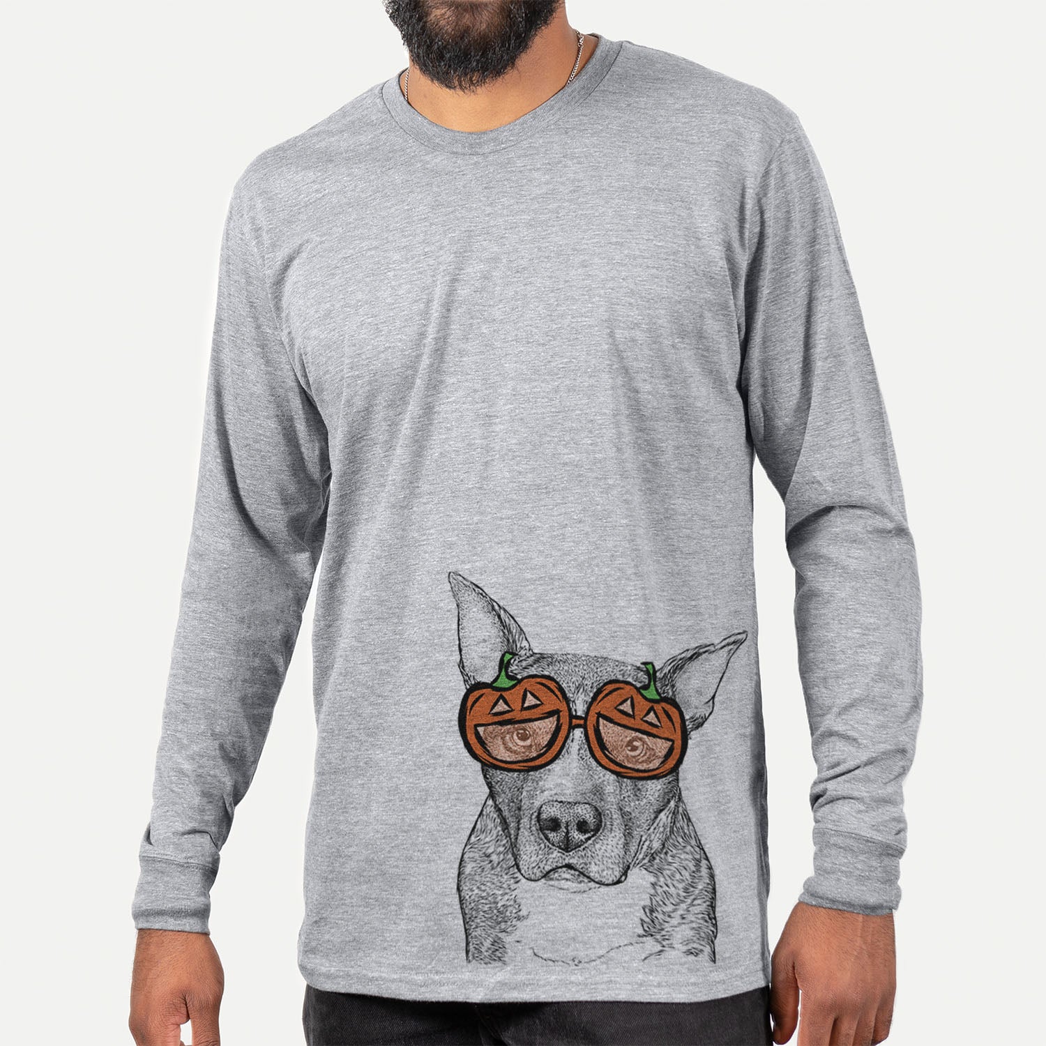 Hand-drawn sketch of Mercy the Pitbull wearing pumpkin glasses on a Grey pumpkin collection, hanging on a wall