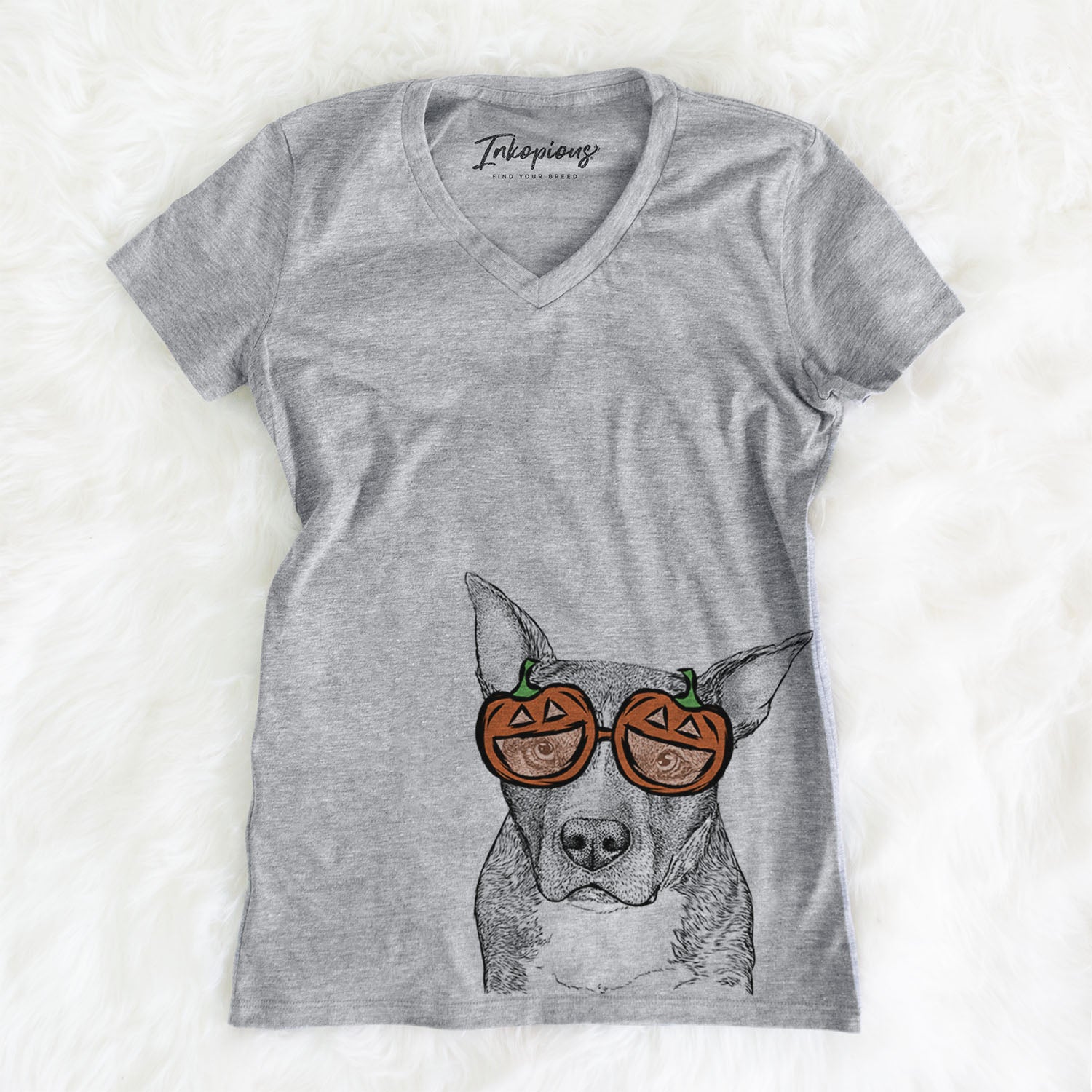 Hand-drawn sketch of Mercy the Pitbull wearing pumpkin glasses on a Grey pumpkin collection, on a hanger