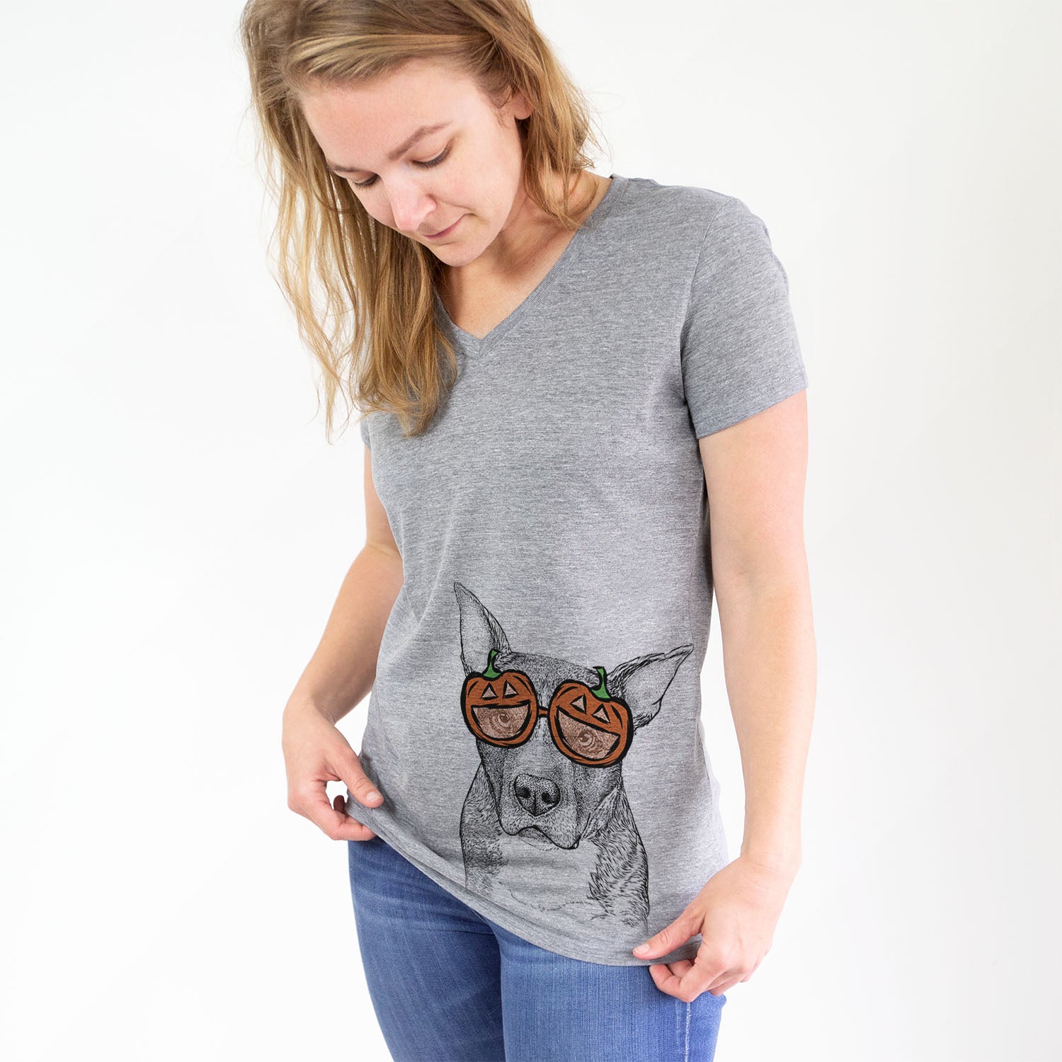 Hand-drawn sketch of Mercy the Pitbull wearing pumpkin glasses on a Grey pumpkin collection