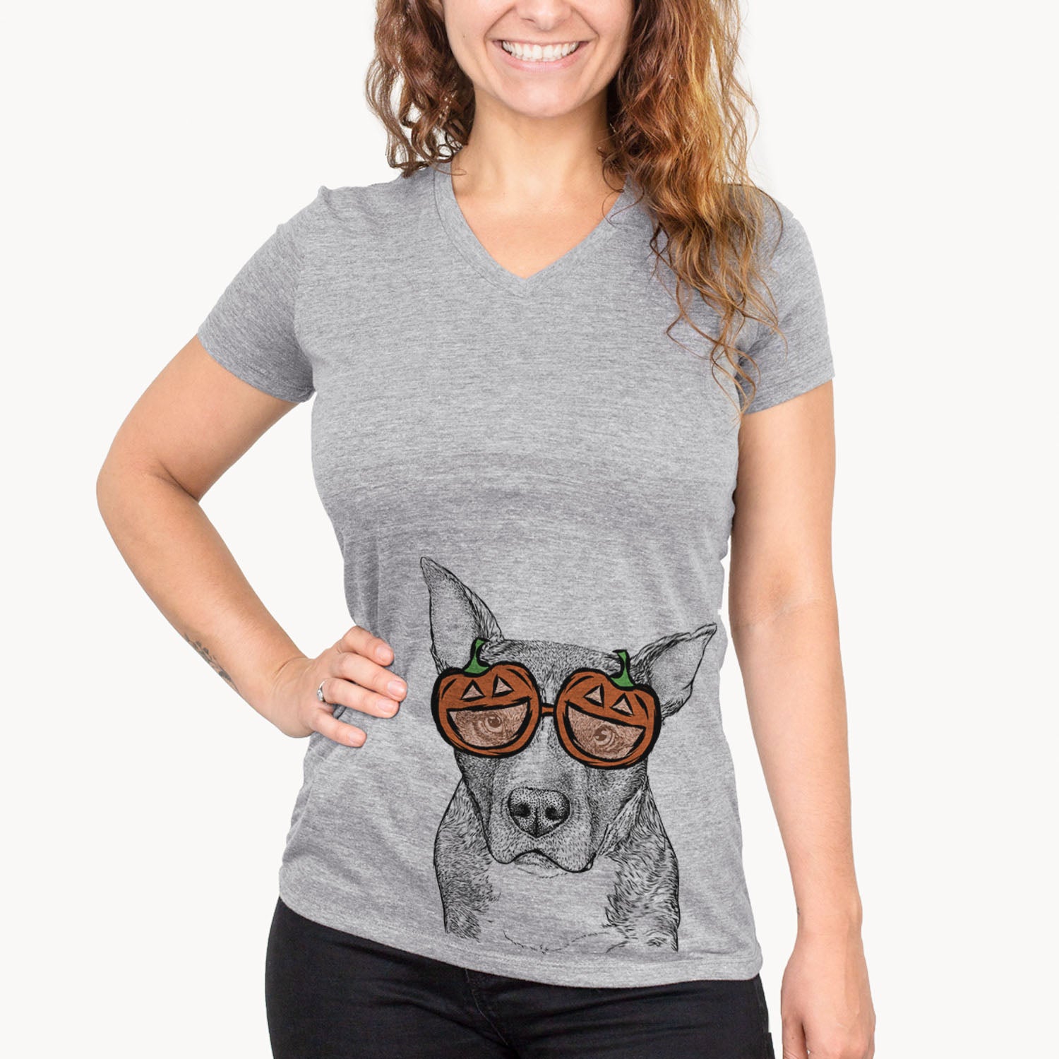Hand-drawn sketch of Mercy the Pitbull wearing pumpkin glasses on a Grey pumpkin collection