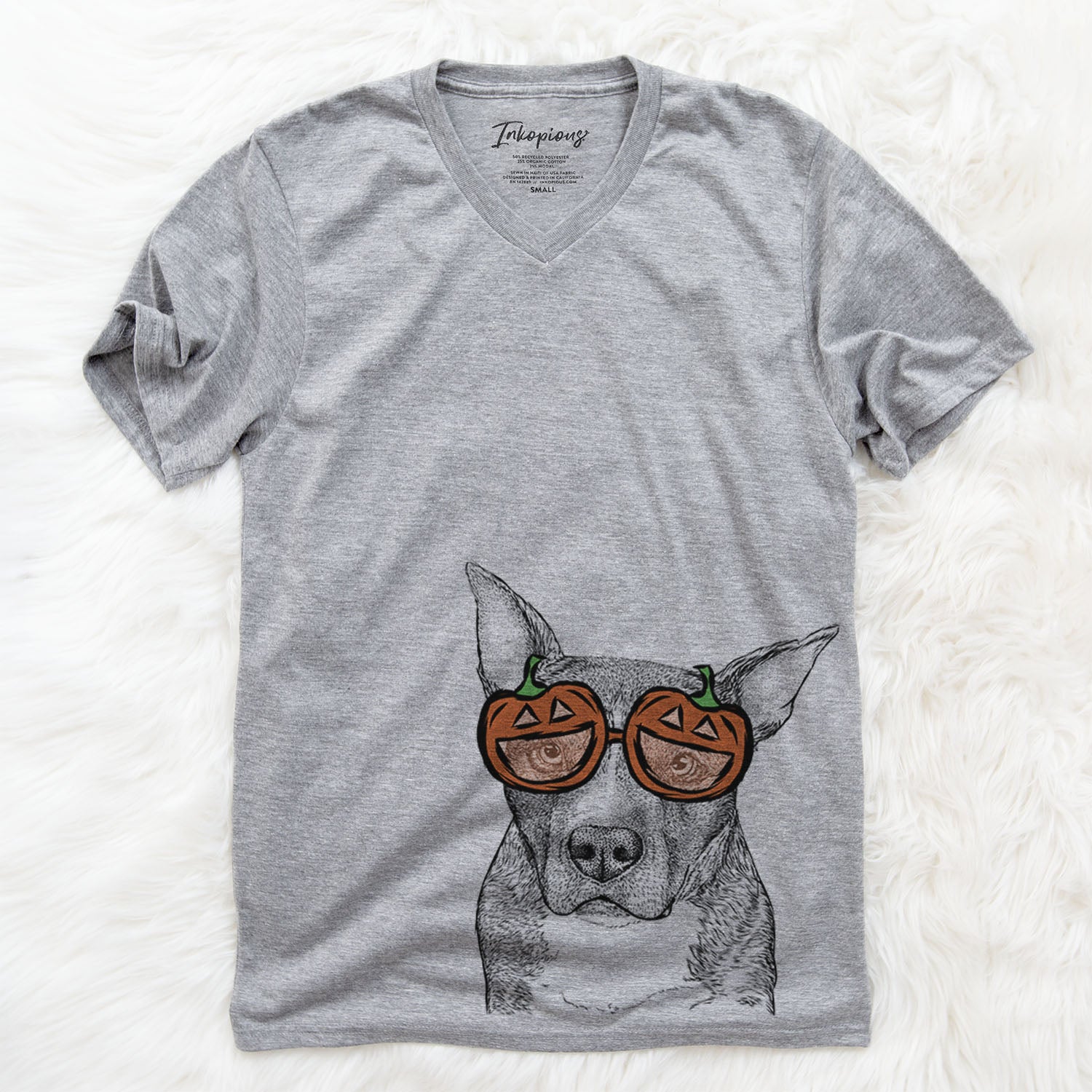 Hand-drawn sketch of Mercy the Pitbull wearing pumpkin glasses on a Grey pumpkin collection