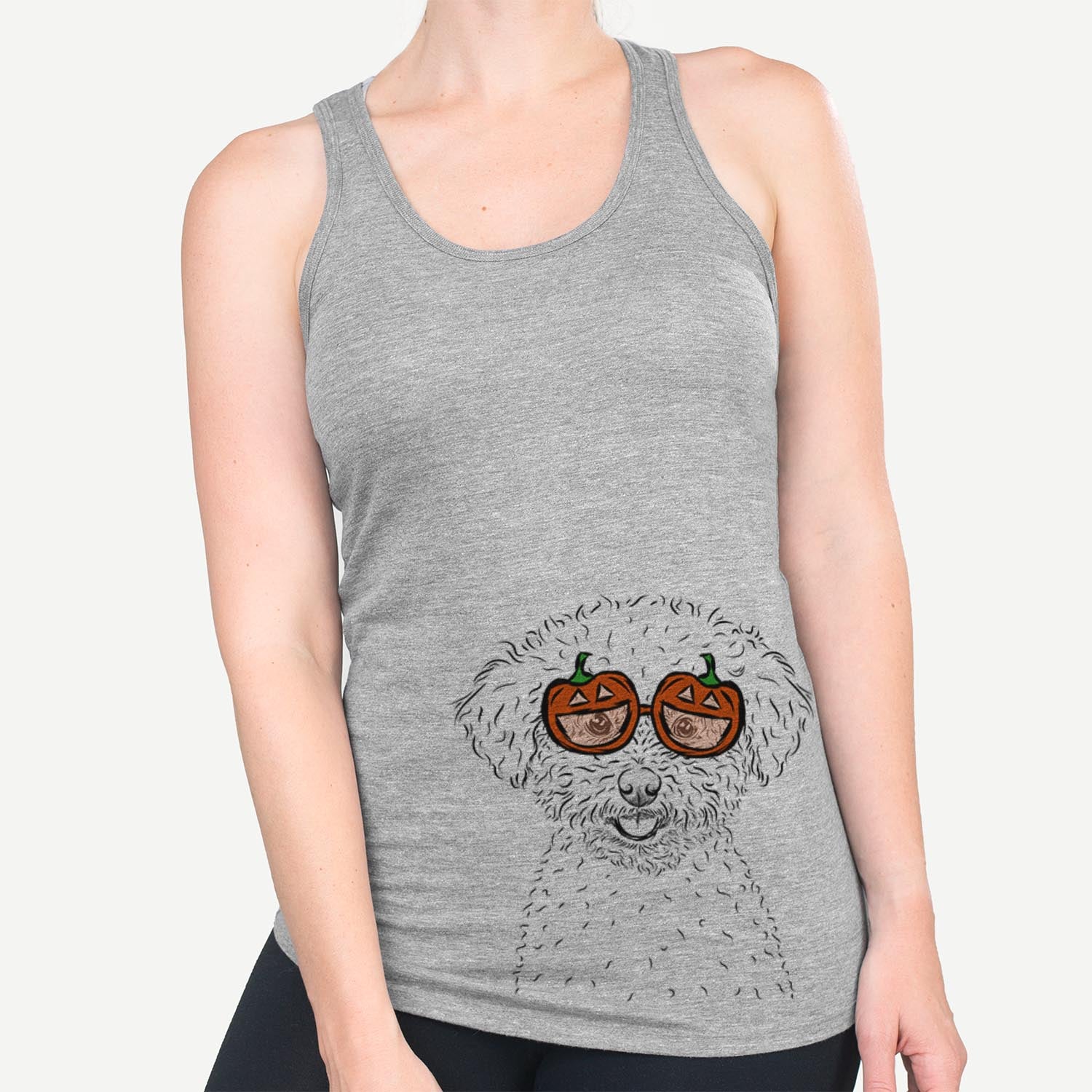 Hand-drawn sketch of Mickey the Bichon Frise wearing pumpkin glasses on a Grey pumpkin collection