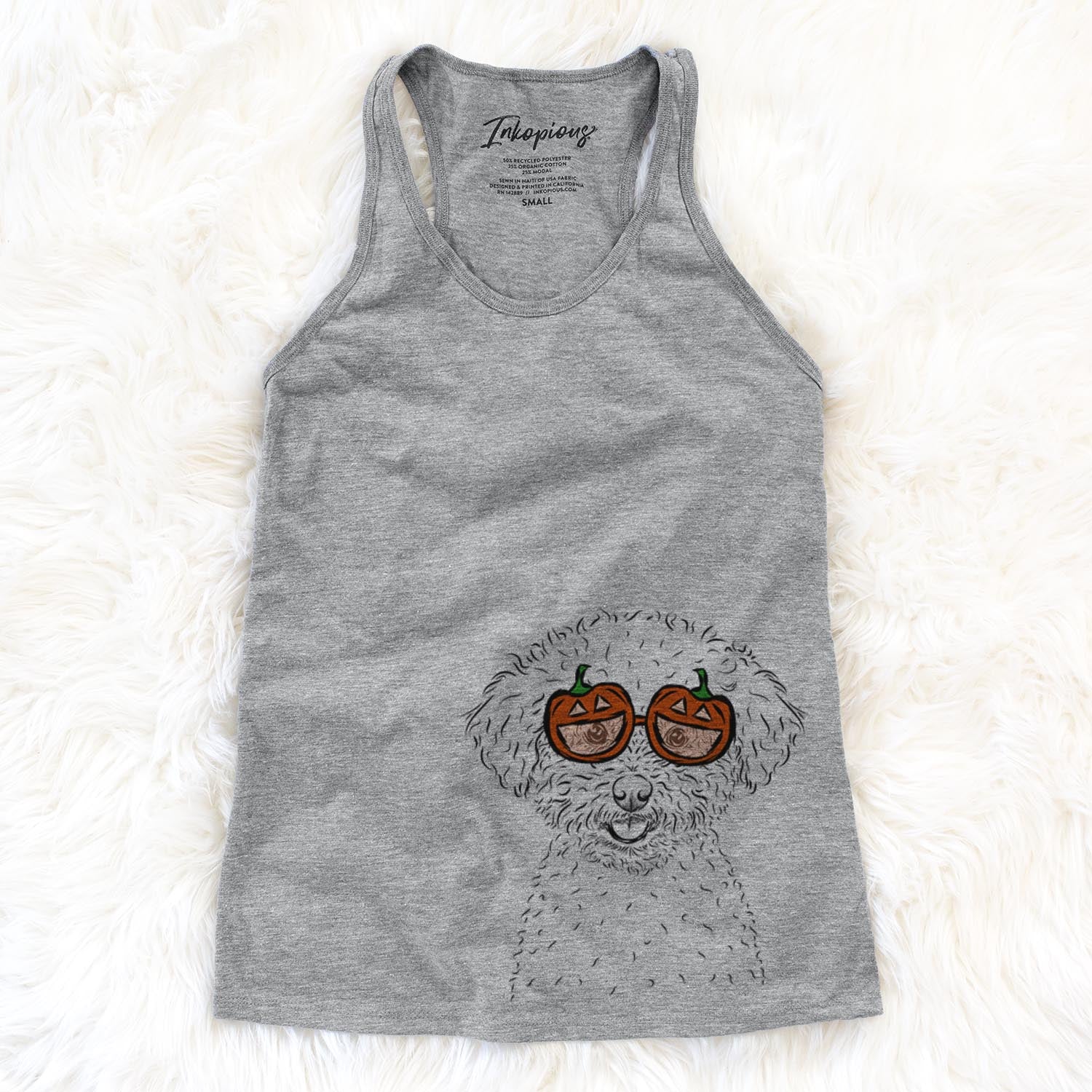 Hand-drawn sketch of Mickey the Bichon Frise wearing pumpkin glasses on a Grey pumpkin collection