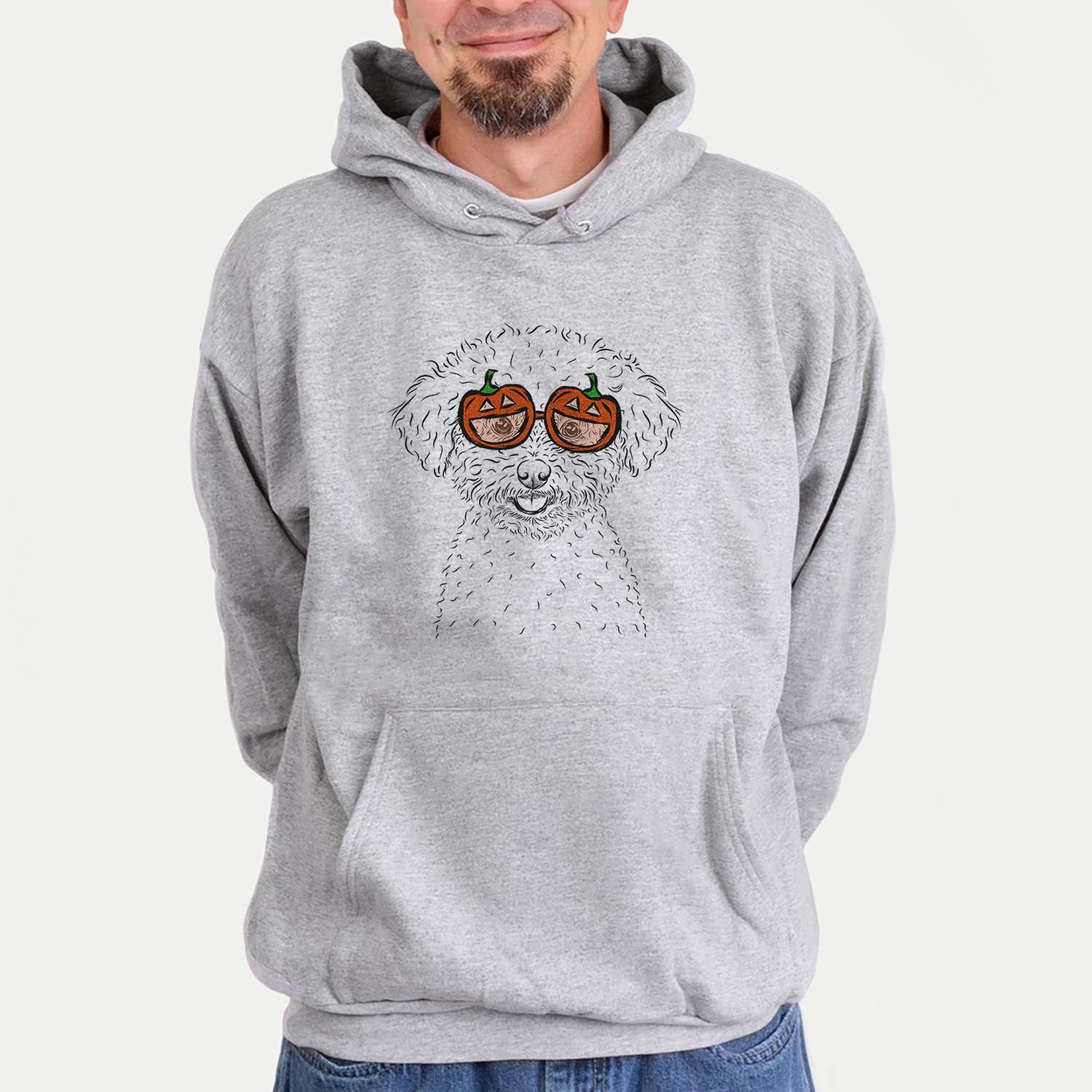 Hand-drawn sketch of Mickey the Bichon Frise wearing pumpkin glasses on a Grey pumpkin collection, hanging on a wall