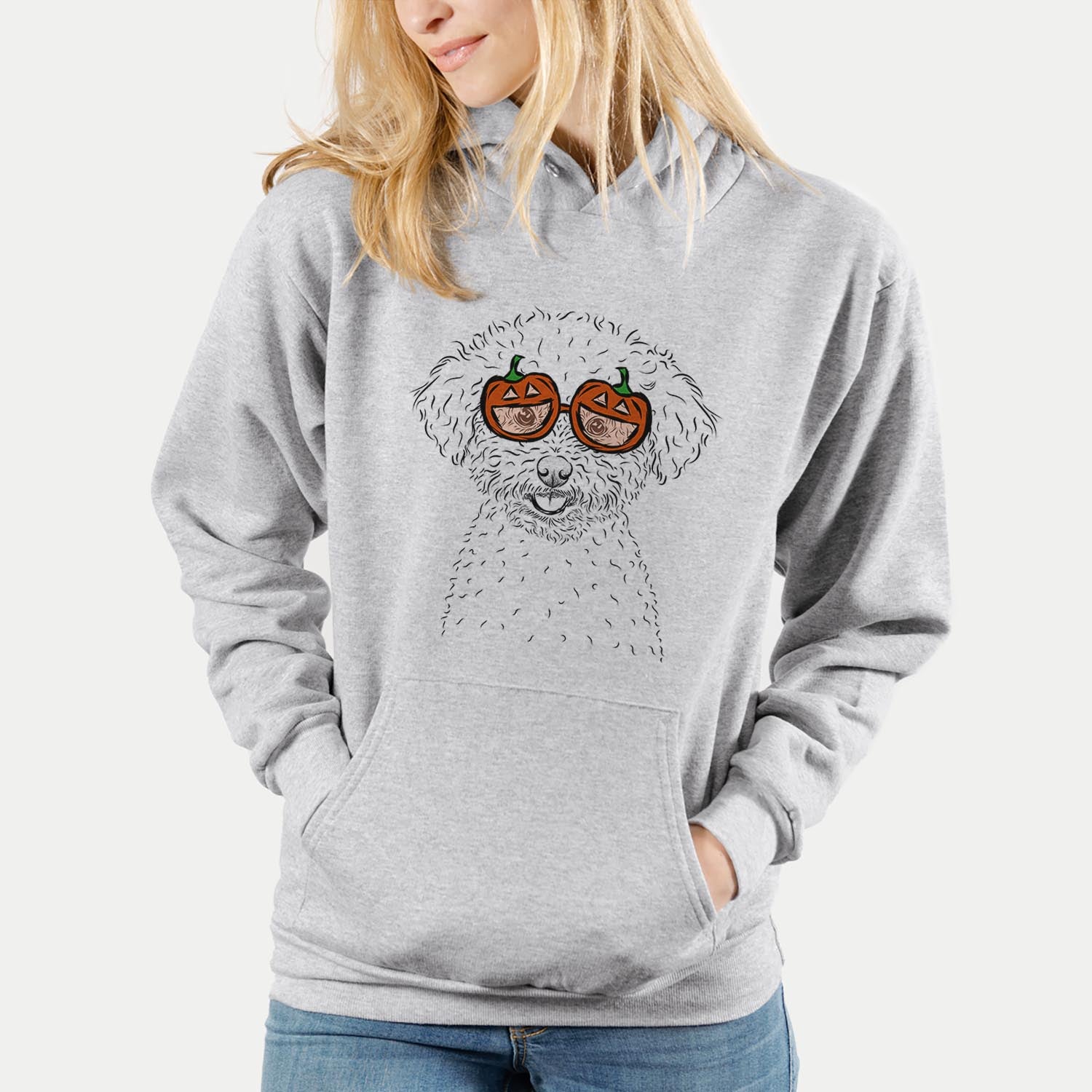 Hand-drawn sketch of Mickey the Bichon Frise wearing pumpkin glasses on a Grey pumpkin collection