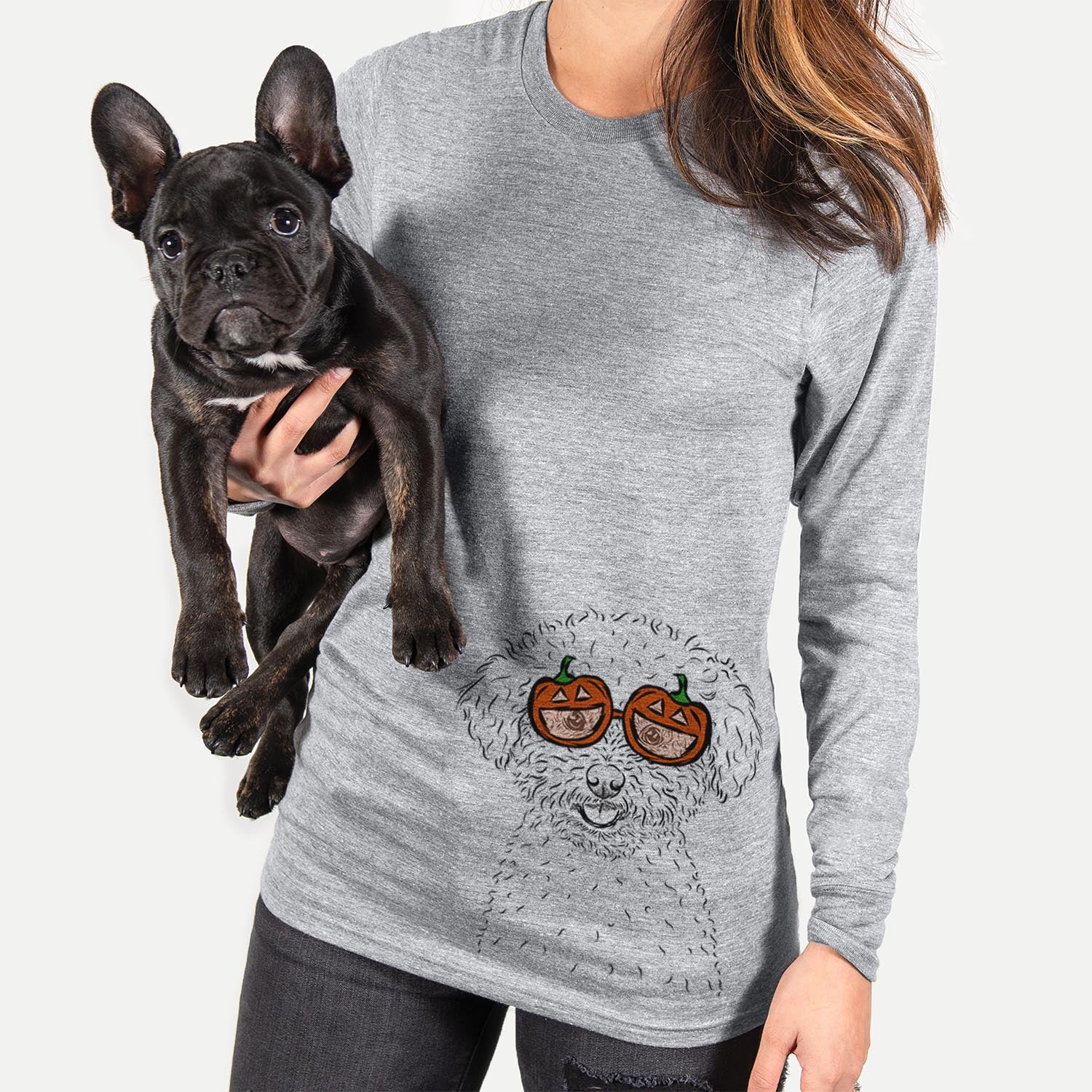 Hand-drawn sketch of Mickey the Bichon Frise wearing pumpkin glasses on a Grey pumpkin collection