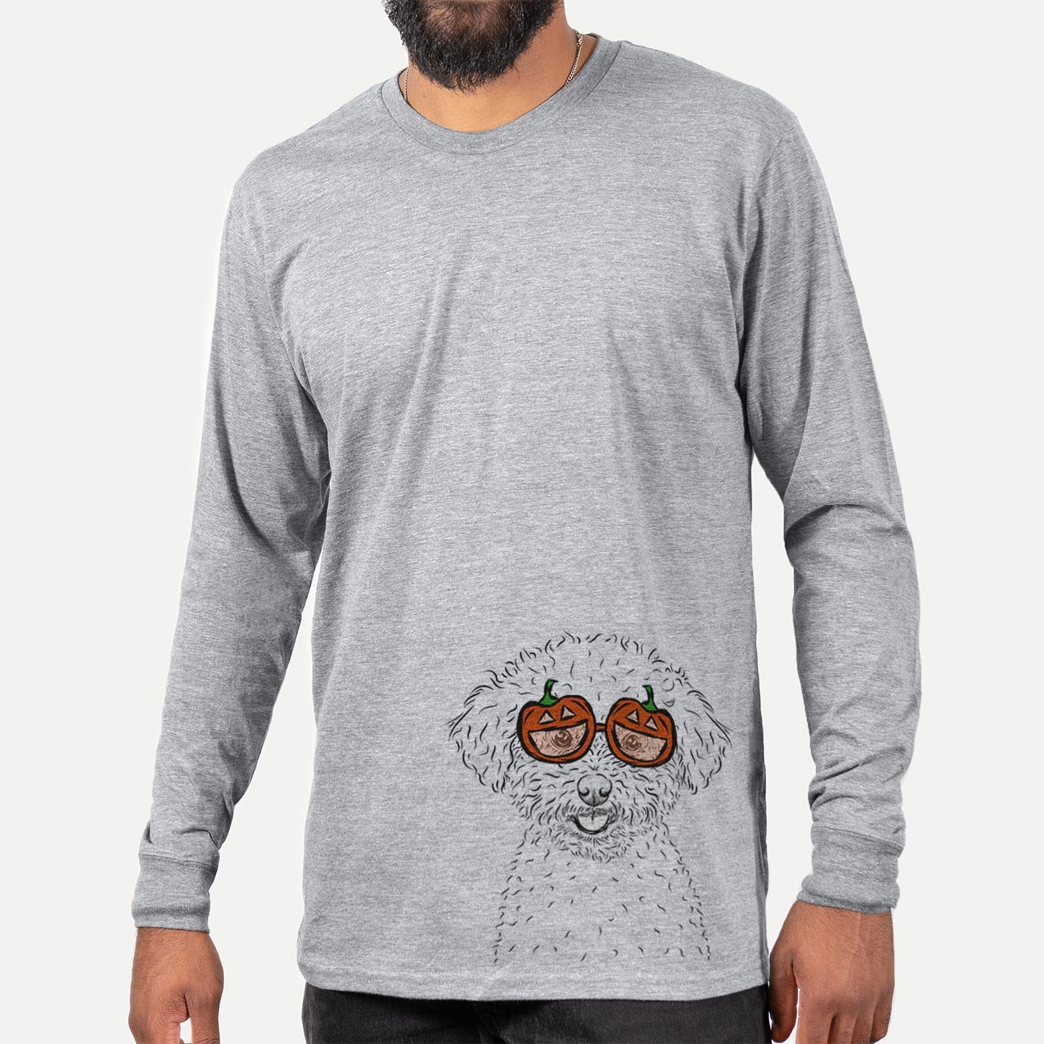 Hand-drawn sketch of Mickey the Bichon Frise wearing pumpkin glasses on a Grey pumpkin collection, hanging on a wall