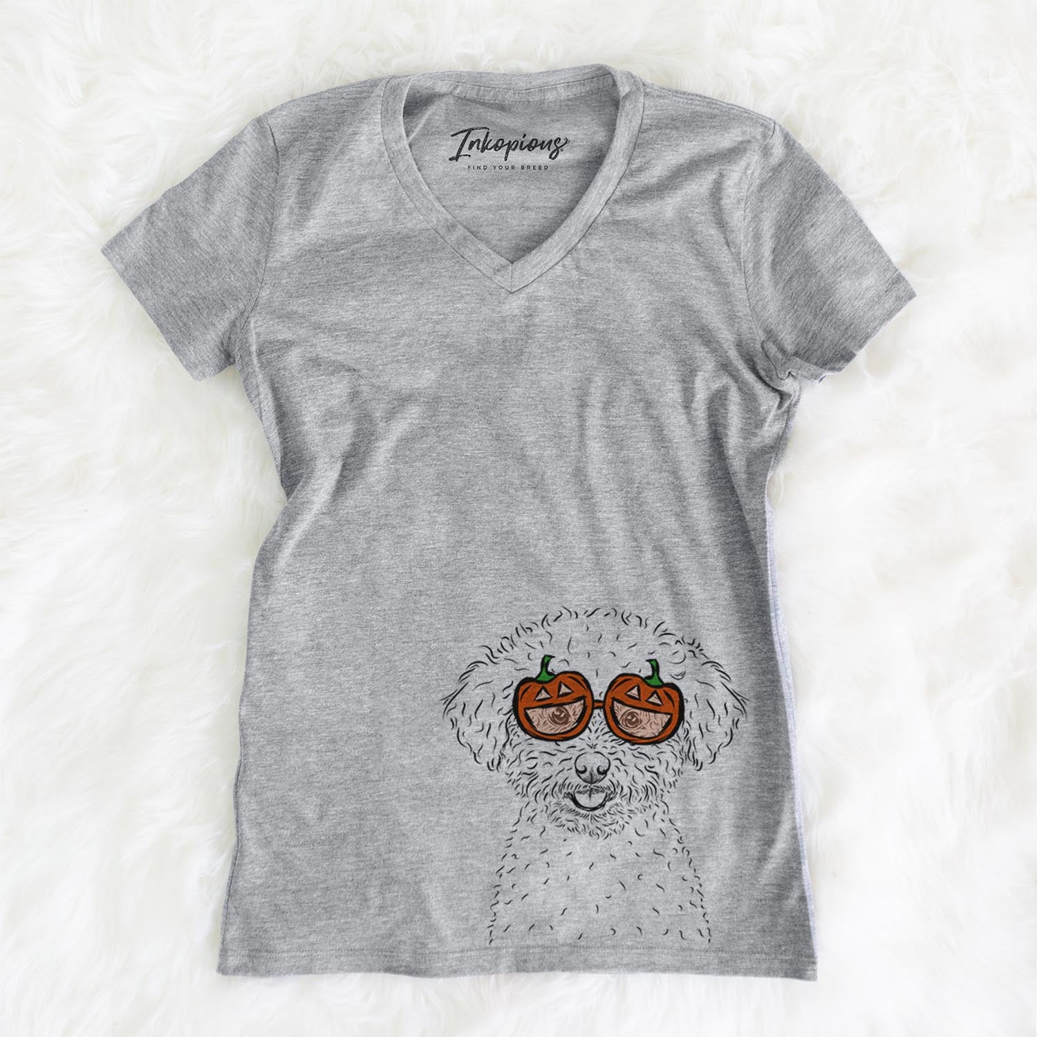 Hand-drawn sketch of Mickey the Bichon Frise wearing pumpkin glasses on a Grey pumpkin collection, on a hanger