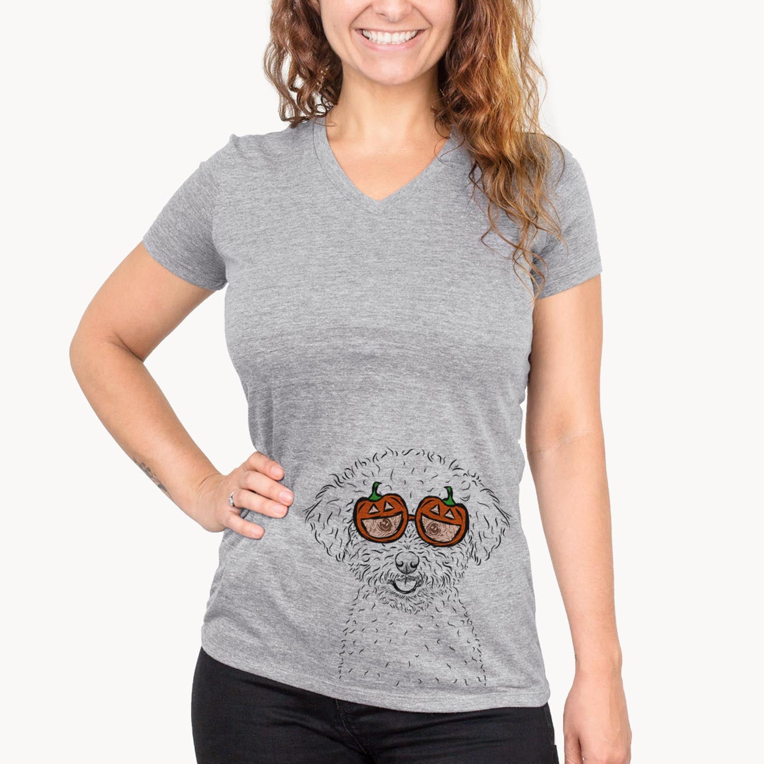 Hand-drawn sketch of Mickey the Bichon Frise wearing pumpkin glasses on a Grey pumpkin collection