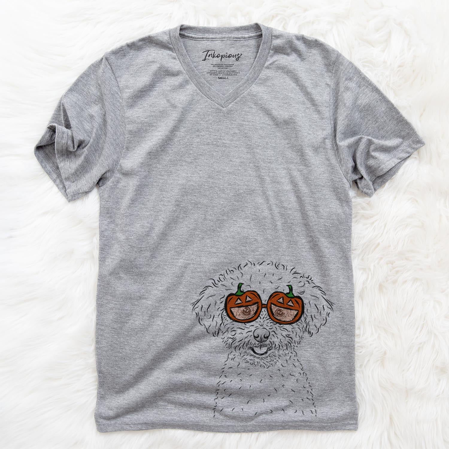 Hand-drawn sketch of Mickey the Bichon Frise wearing pumpkin glasses on a Grey pumpkin collection