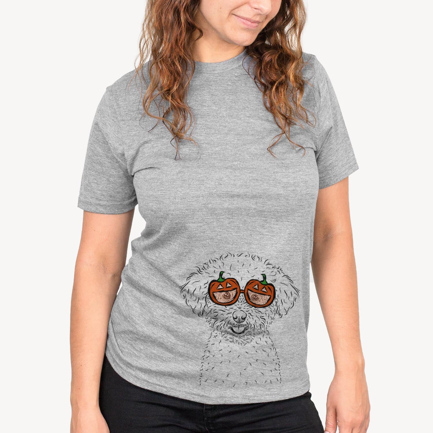 Hand-drawn sketch of Mickey the Bichon Frise wearing pumpkin glasses on a Grey pumpkin collection, on a hanger