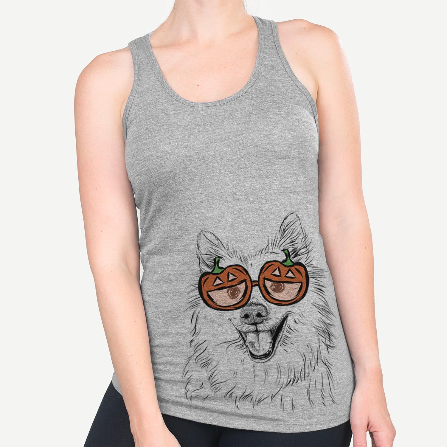 Hand-drawn sketch of Miki the American Eskimo wearing pumpkin glasses on a Grey pumpkin collection