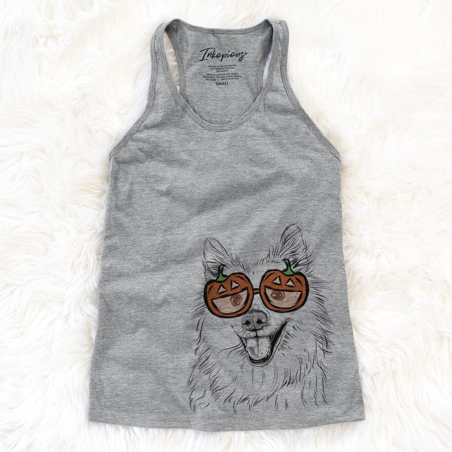 Hand-drawn sketch of Miki the American Eskimo wearing pumpkin glasses on a Grey pumpkin collection