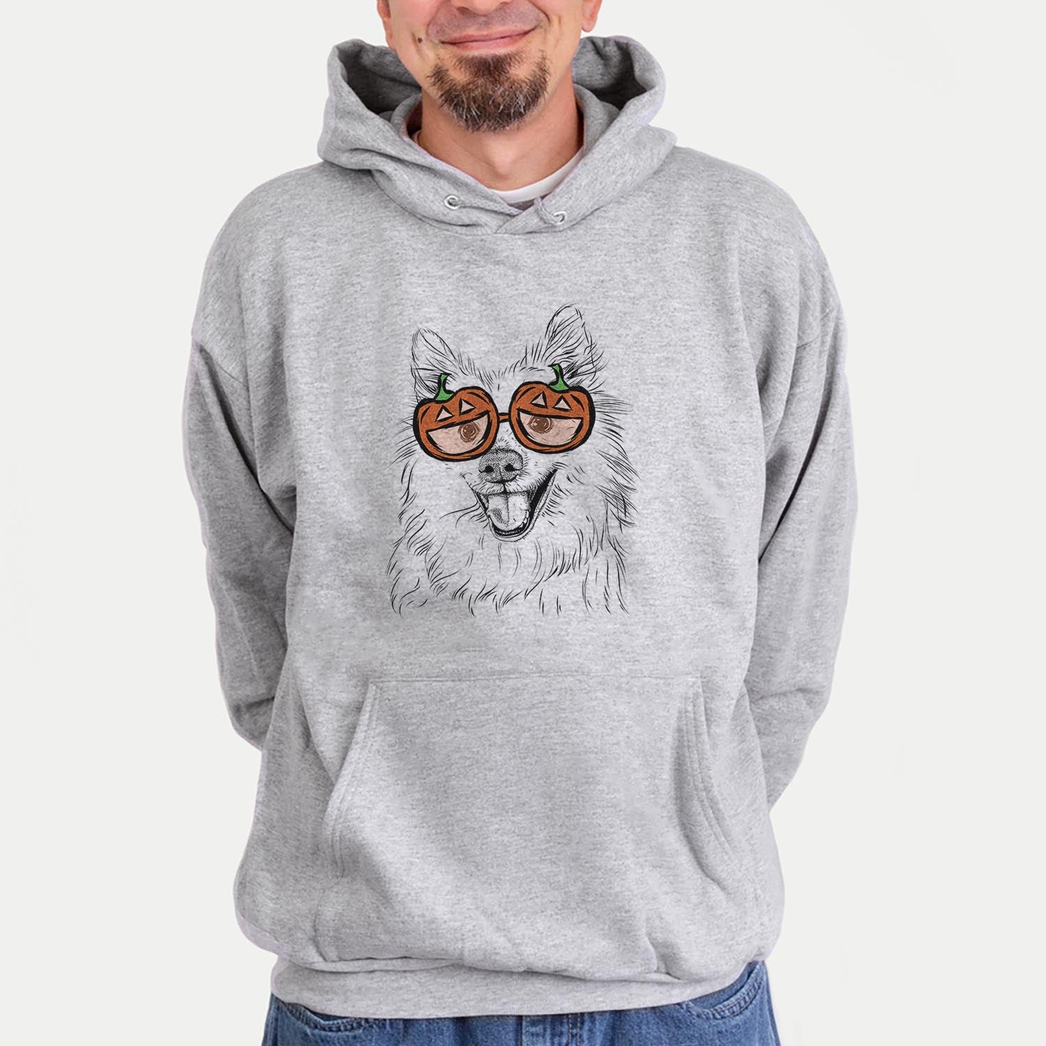 Hand-drawn sketch of Miki the American Eskimo wearing pumpkin glasses on a Grey pumpkin collection, hanging on a wall
